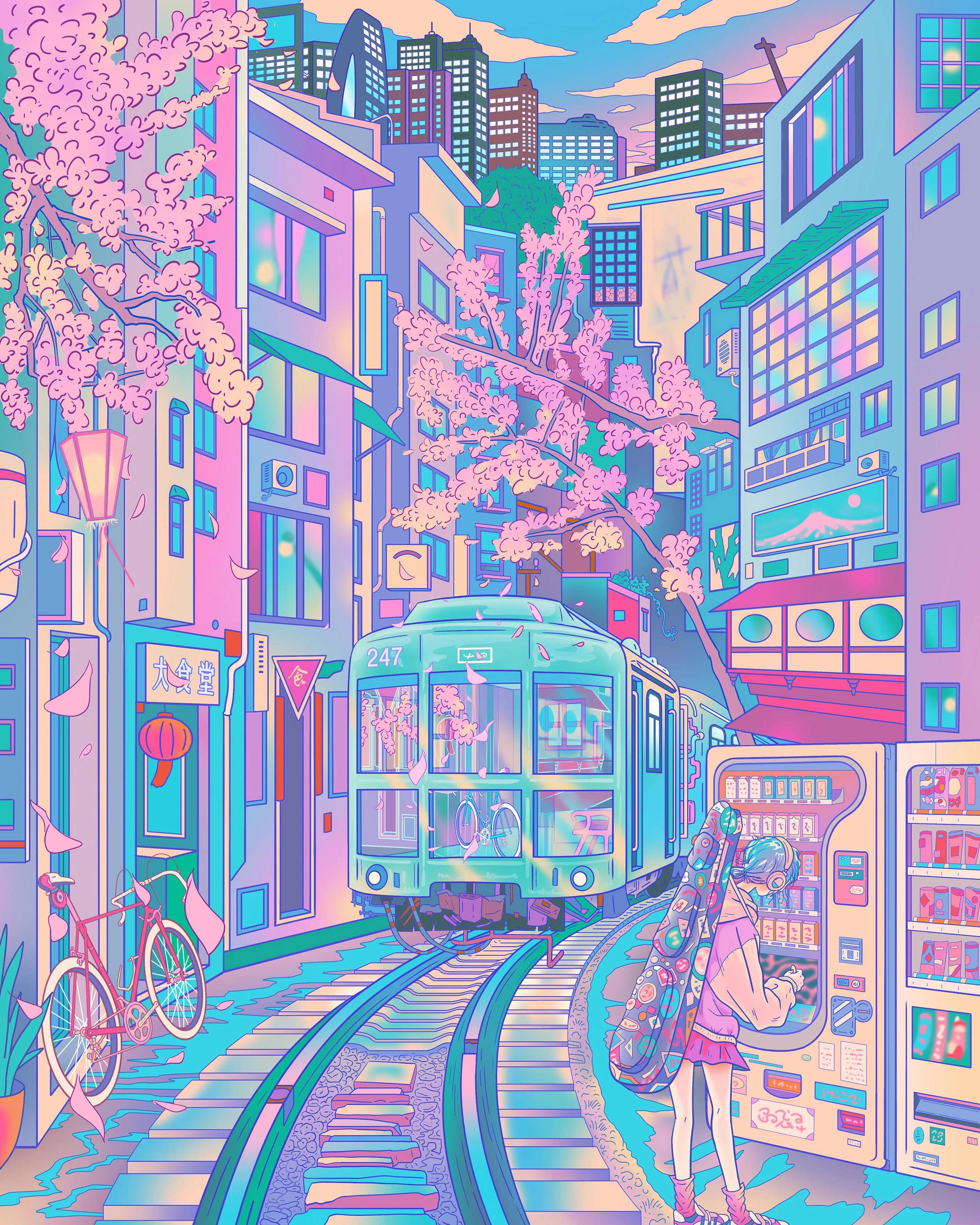 Download Train Going Into A Pastel Japanese Aesthetic City Wallpaper