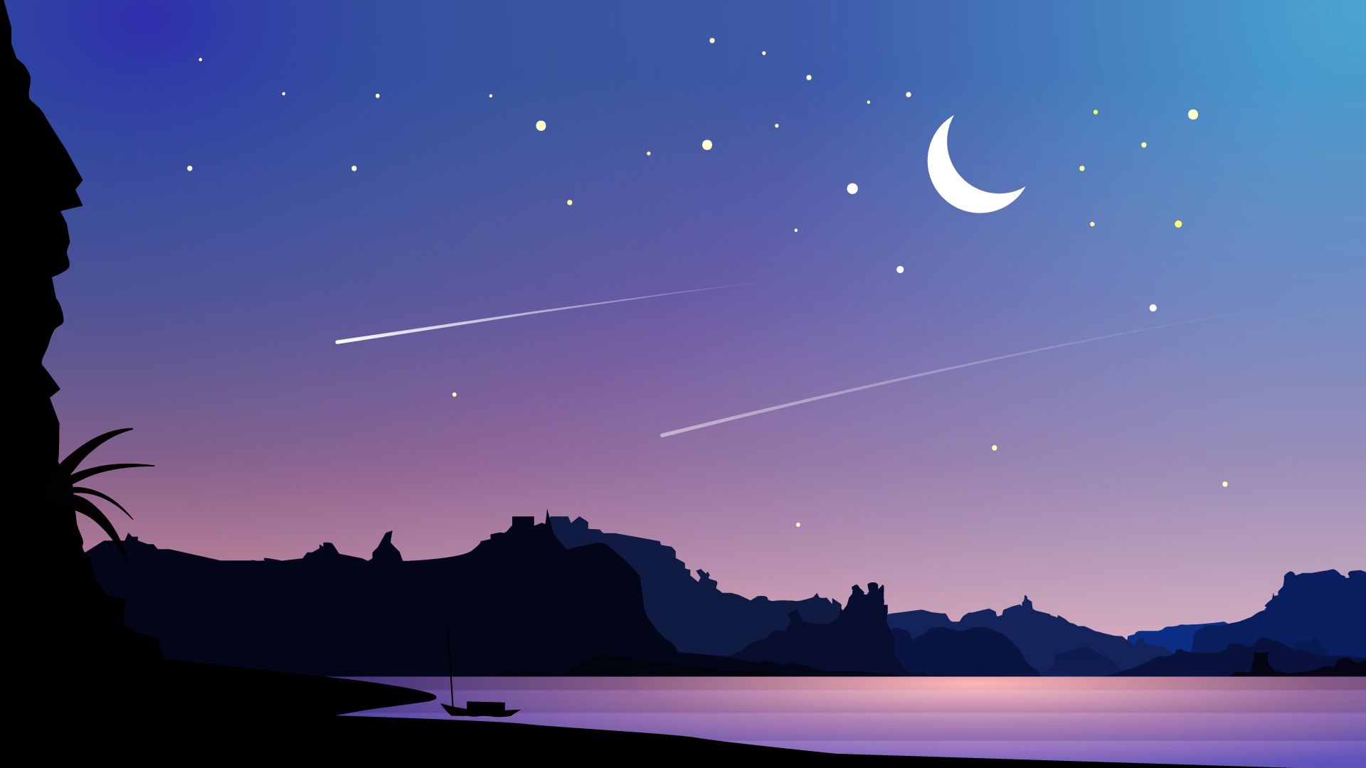 The sky is full of stars, shooting stars, and a crescent moon. - Desktop, 1920x1080, computer, HD, landscape, scenery, night