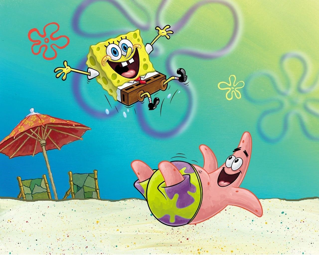 SpongeBob SquarePants and Patrick Star are having fun on the beach. - SpongeBob