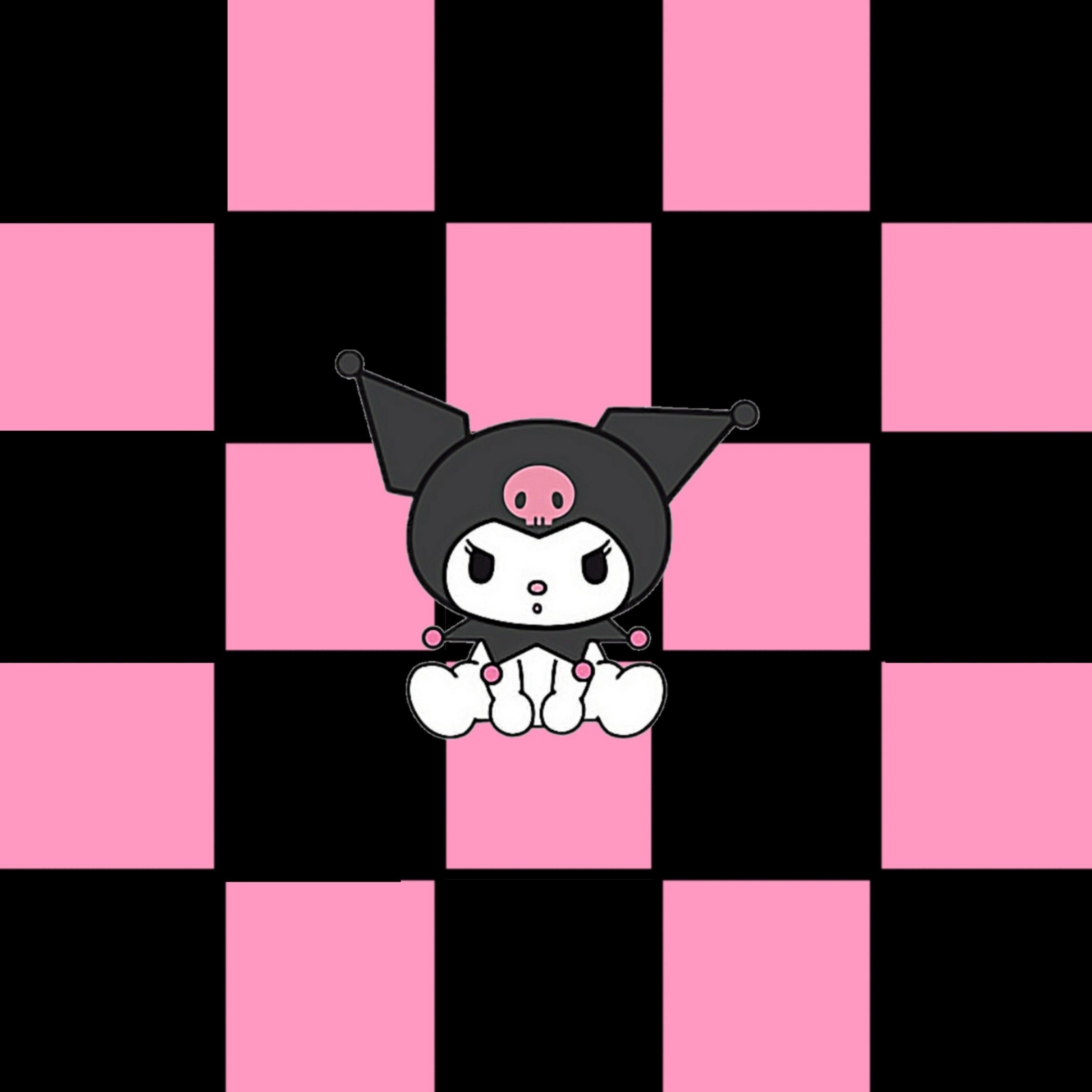A cute pink and black kitty sitting on top of checkered background - Kuromi