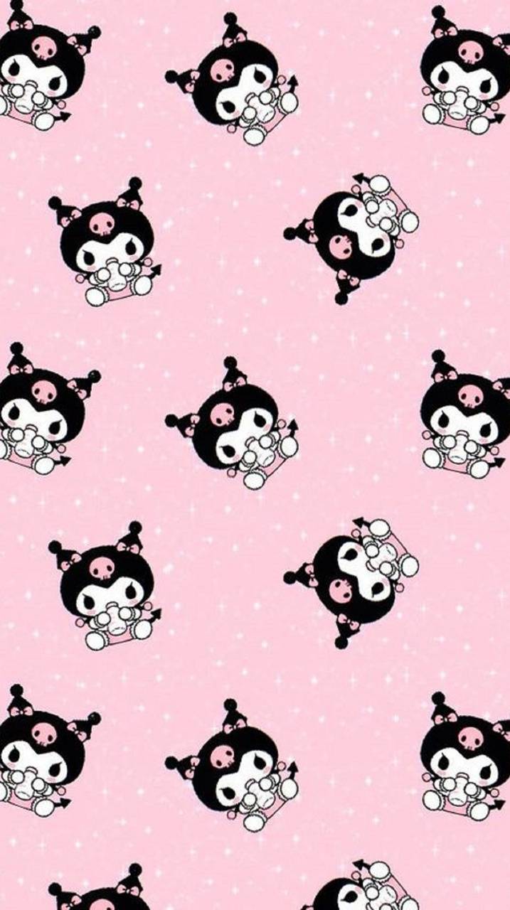 A cute black and white cat pattern on pink background - Kuromi