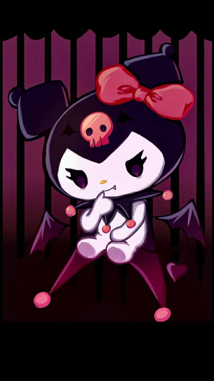 A cute little girl with black hair and red bow - Kuromi