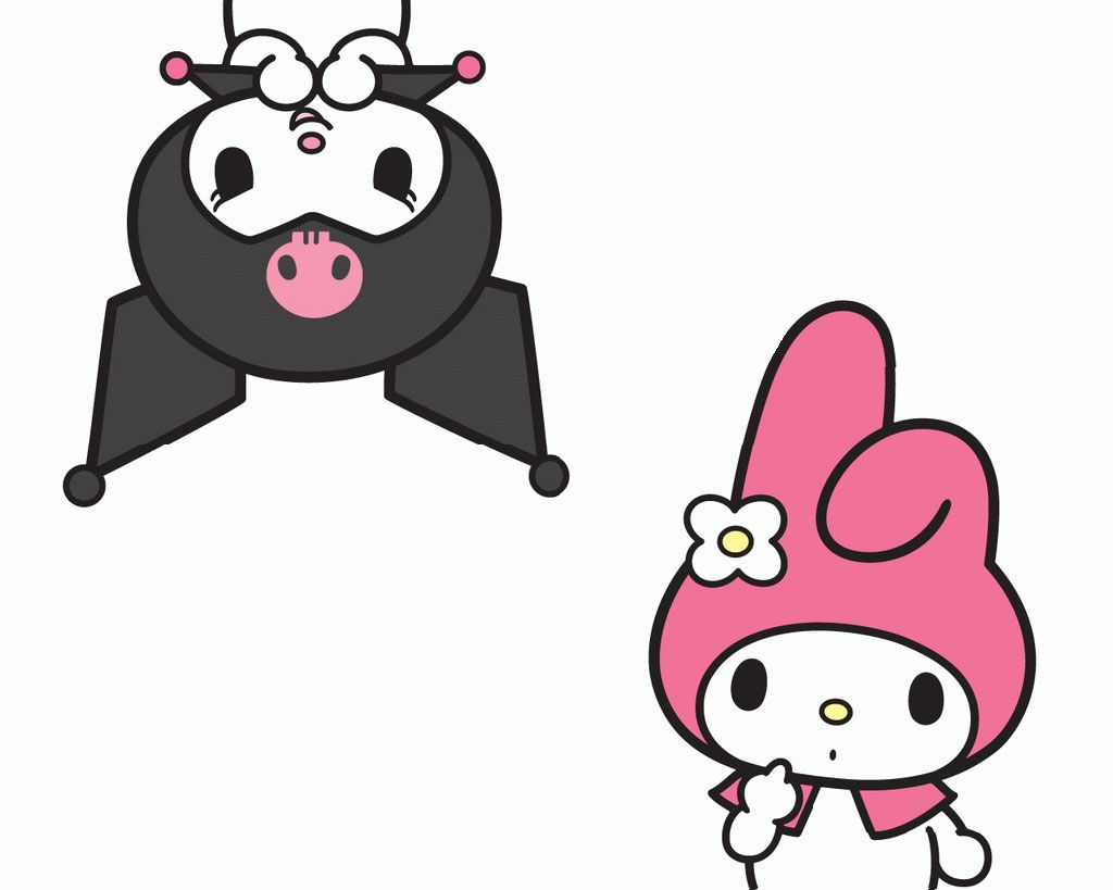 A cartoon of two different characters with pink and black - Kuromi