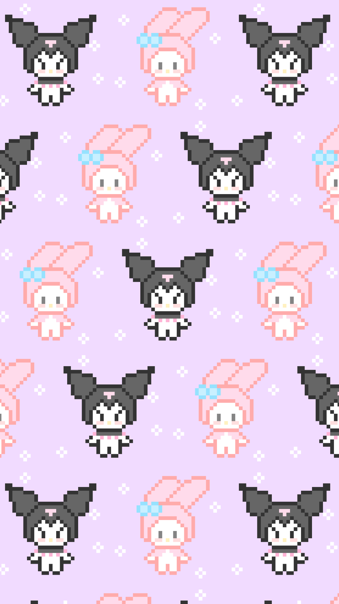A pattern of pixelated cat and dog characters - Kuromi