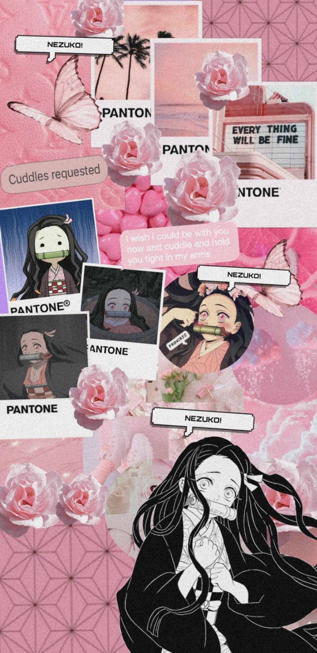 A collage of pictures with pink flowers - Nezuko