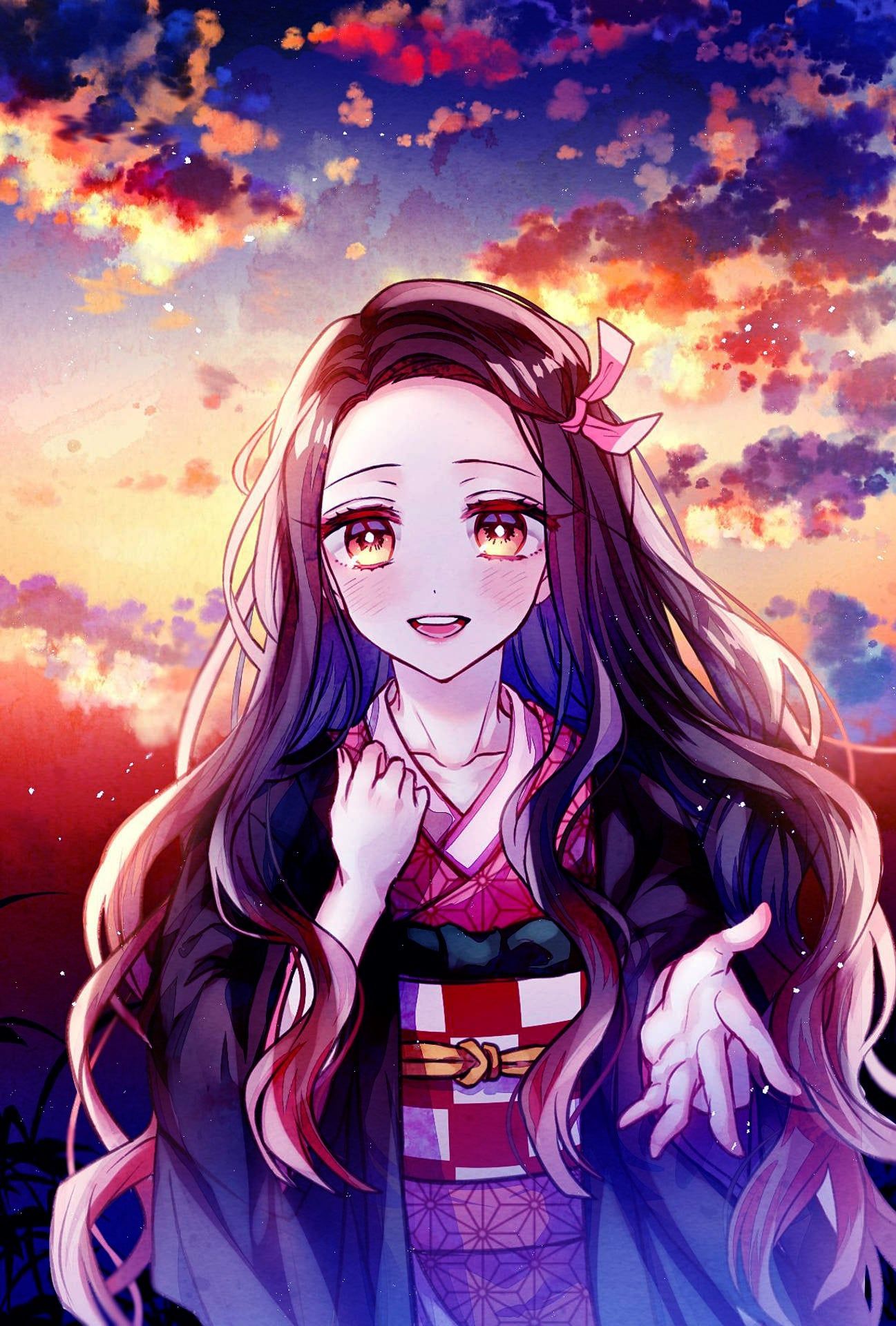 Anime girl with long hair and kimono in the sunset - Nezuko