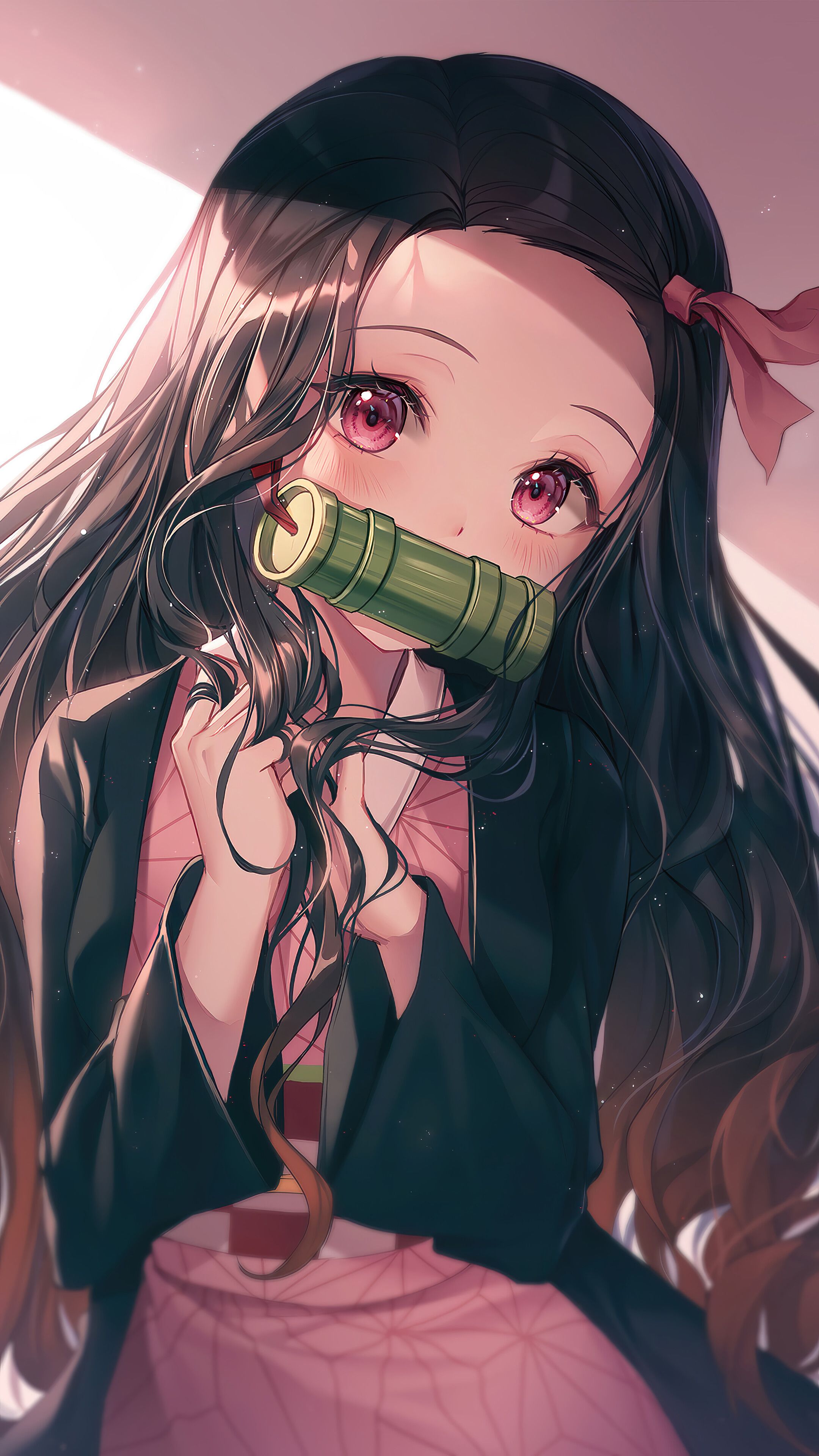 A long-haired anime girl with a green face mask. - Nezuko