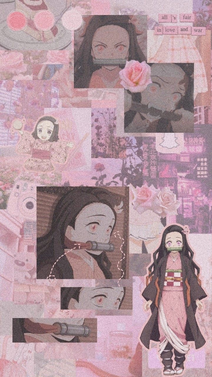 Aesthetic anime phone background with pink and purple colors - Nezuko