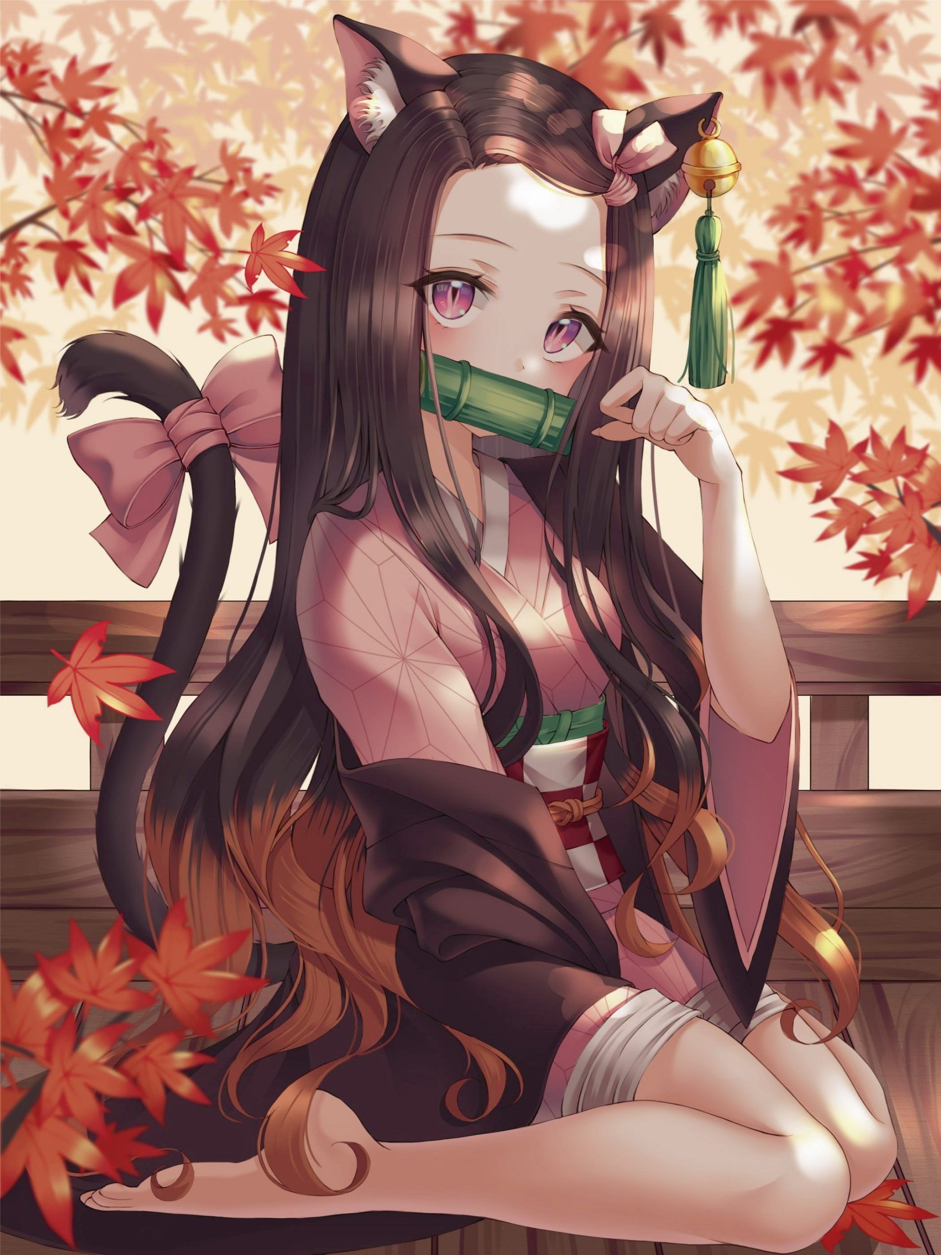 Anime girl with long brown hair and cat ears sitting on a bench - Nezuko