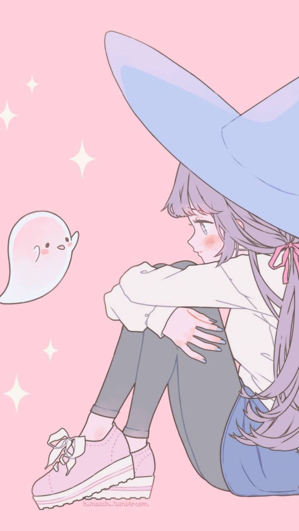 Anime girl with purple hair and pink shoes sitting on the floor with a cute ghost - Ghost
