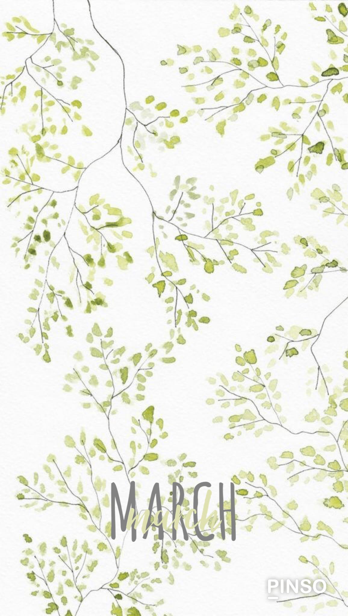 A wallpaper with green leaves and the word March. - March
