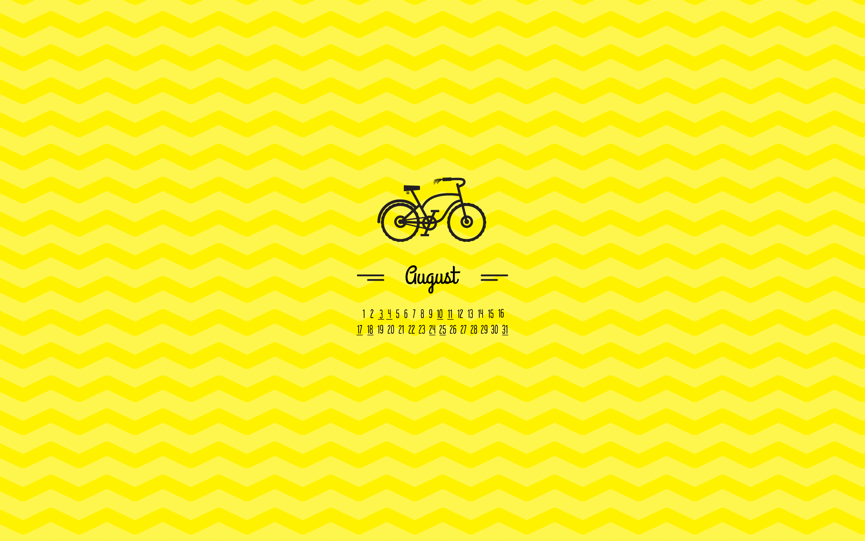 August 2016 desktop calendar wallpaper with a bicycle on a yellow background - August