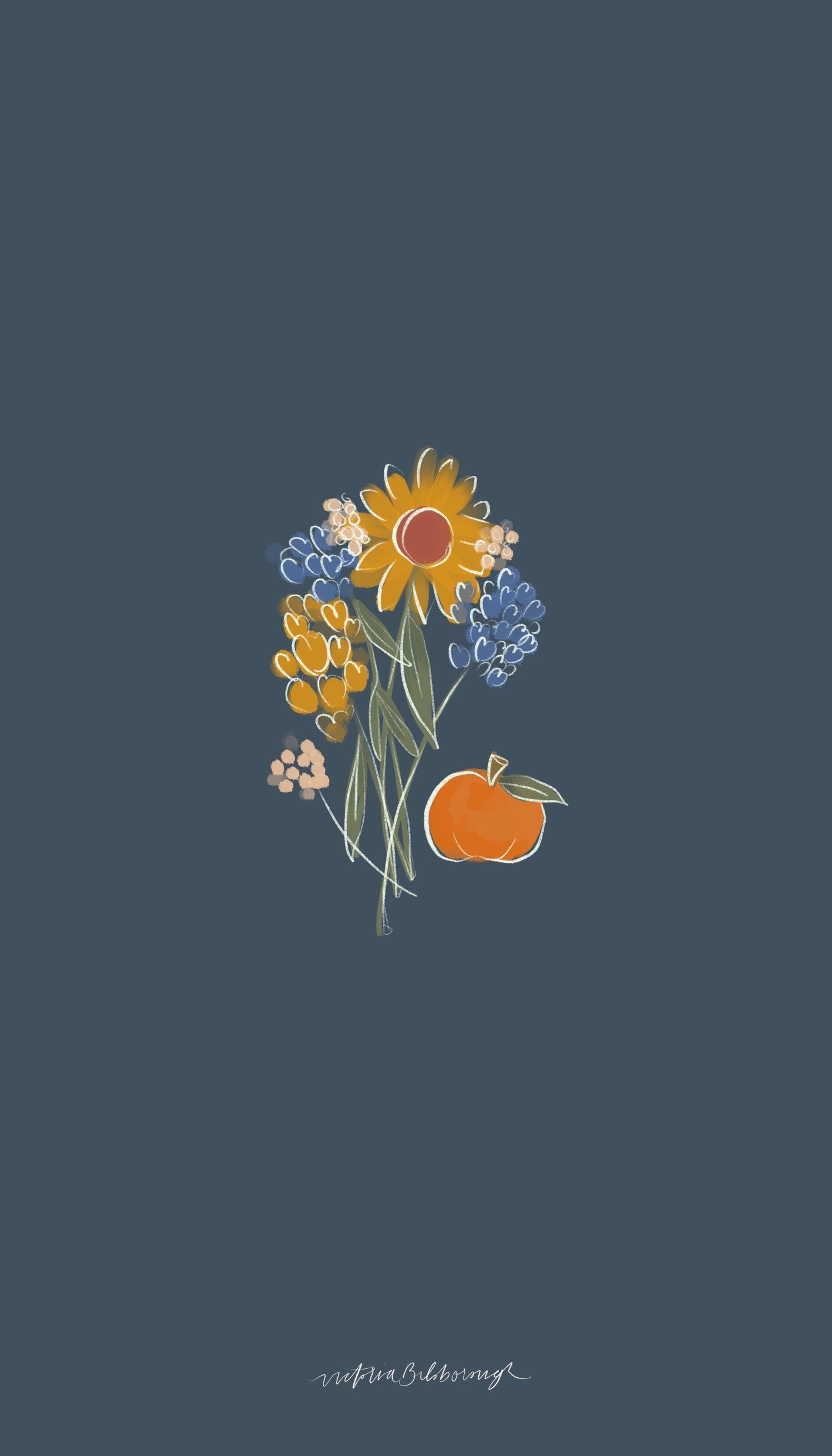 A phone wallpaper with a navy background and yellow and blue flowers and an orange pumpkin. - October