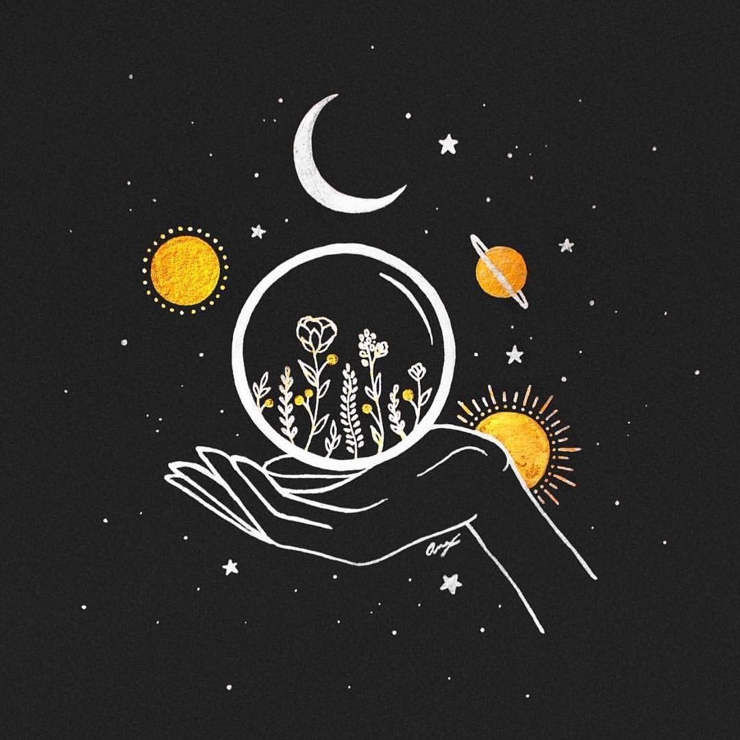 A hand holding a crystal ball with the sun, moon, and stars - Moon phases