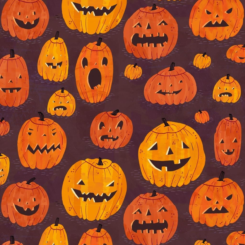 A pattern of watercolor pumpkins with carved faces on a dark purple background. - Pumpkin