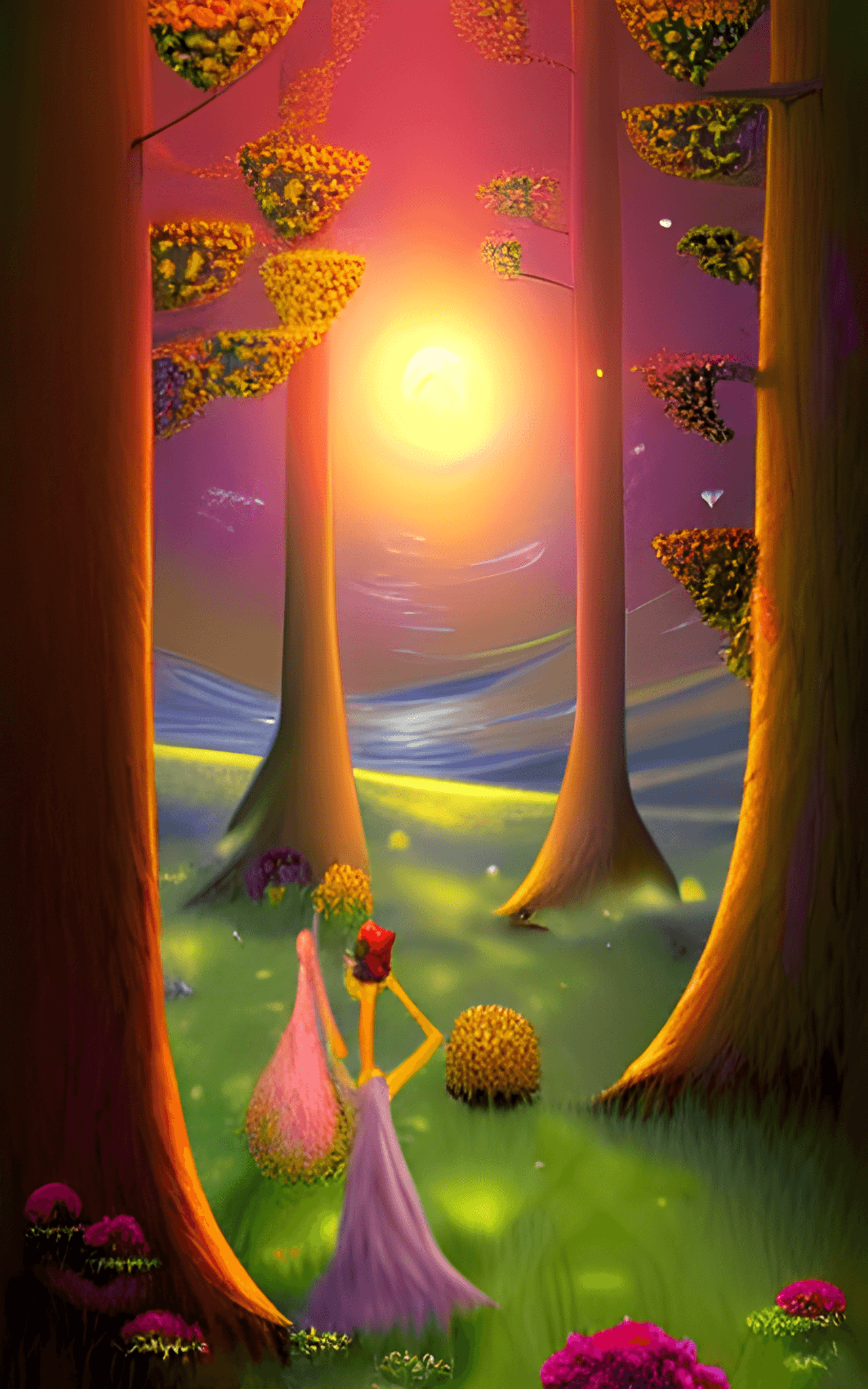 A girl in a pink dress standing in a forest with the sun rising behind her - Abstract