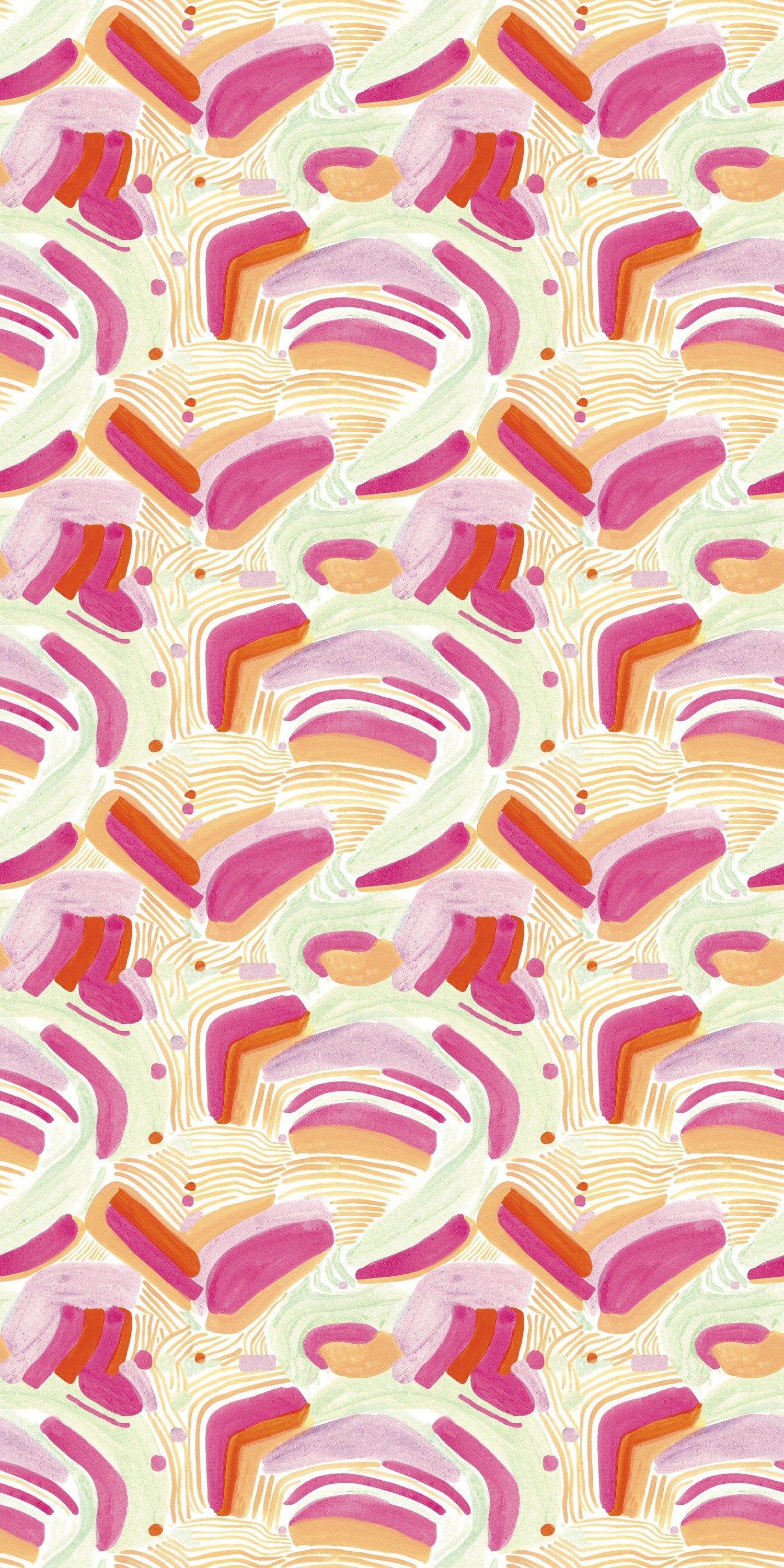 A pattern of curved lines in pink, orange, and red against a cream background - Bright