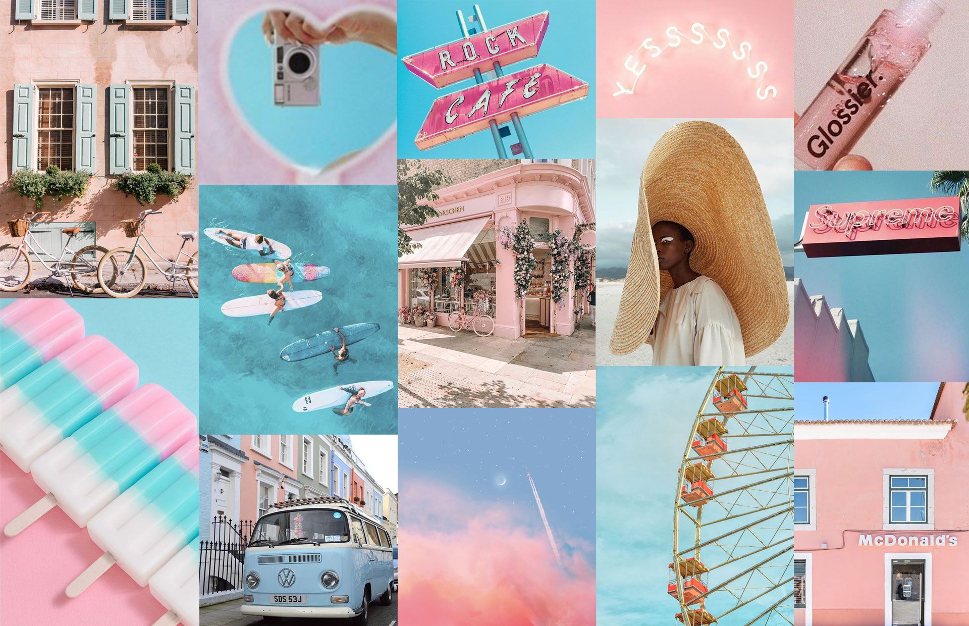 A collage of pictures with pink and blue colors - Laptop, pastel, collage, rock, pink collage