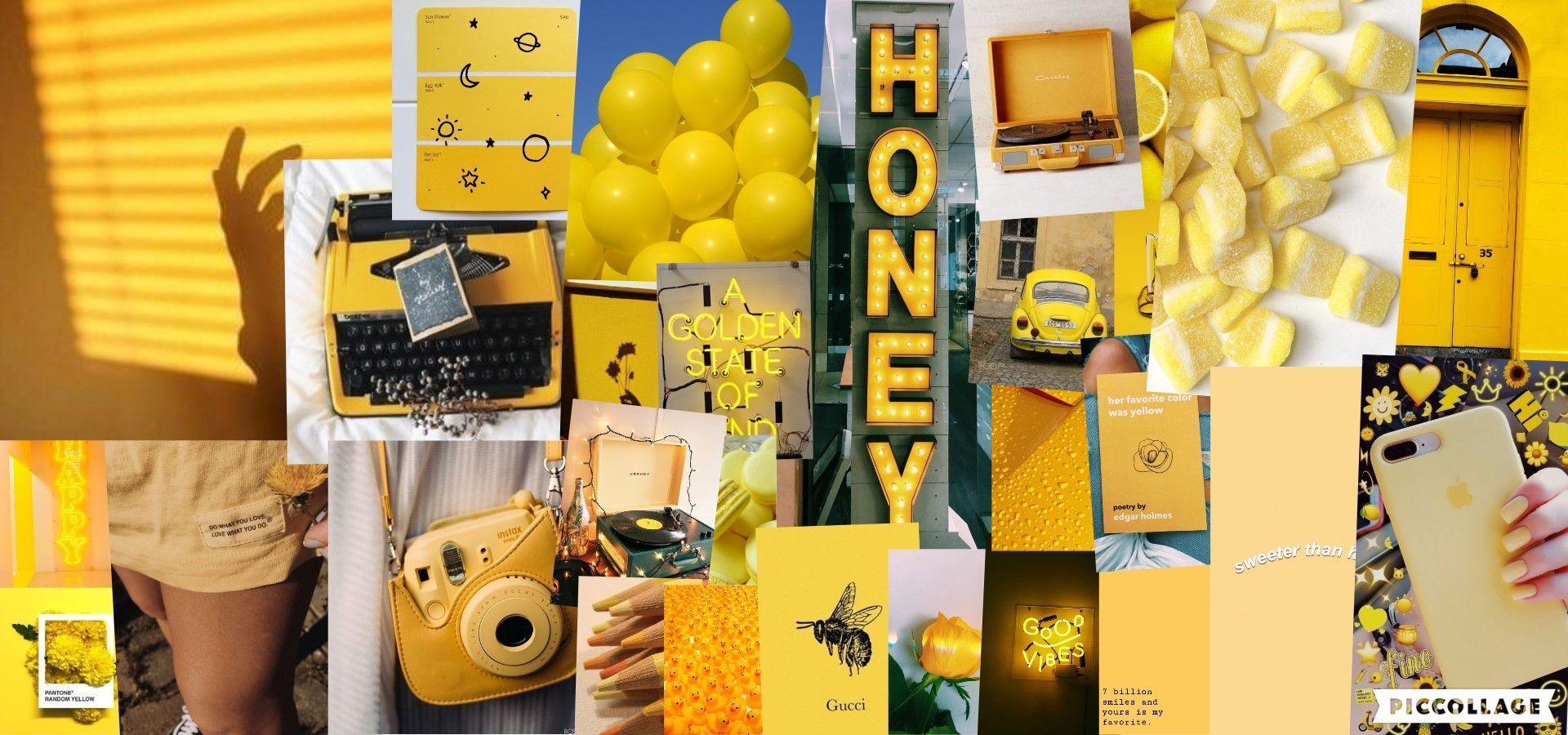 A collage of different yellow aesthetic pictures including honeycombs, balloons, and a typewriter. - Yellow, honey, laptop
