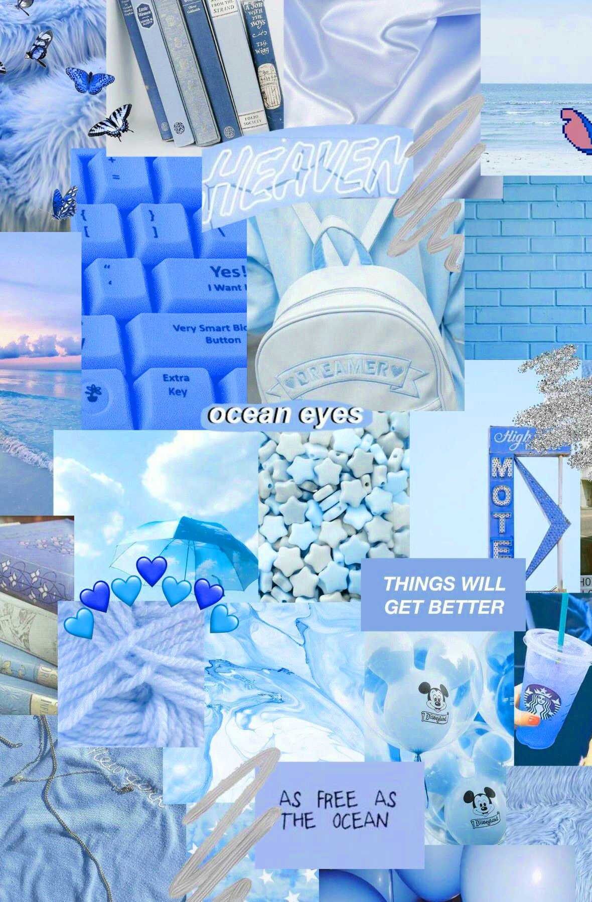A collage of pictures with blue backgrounds - Cyan