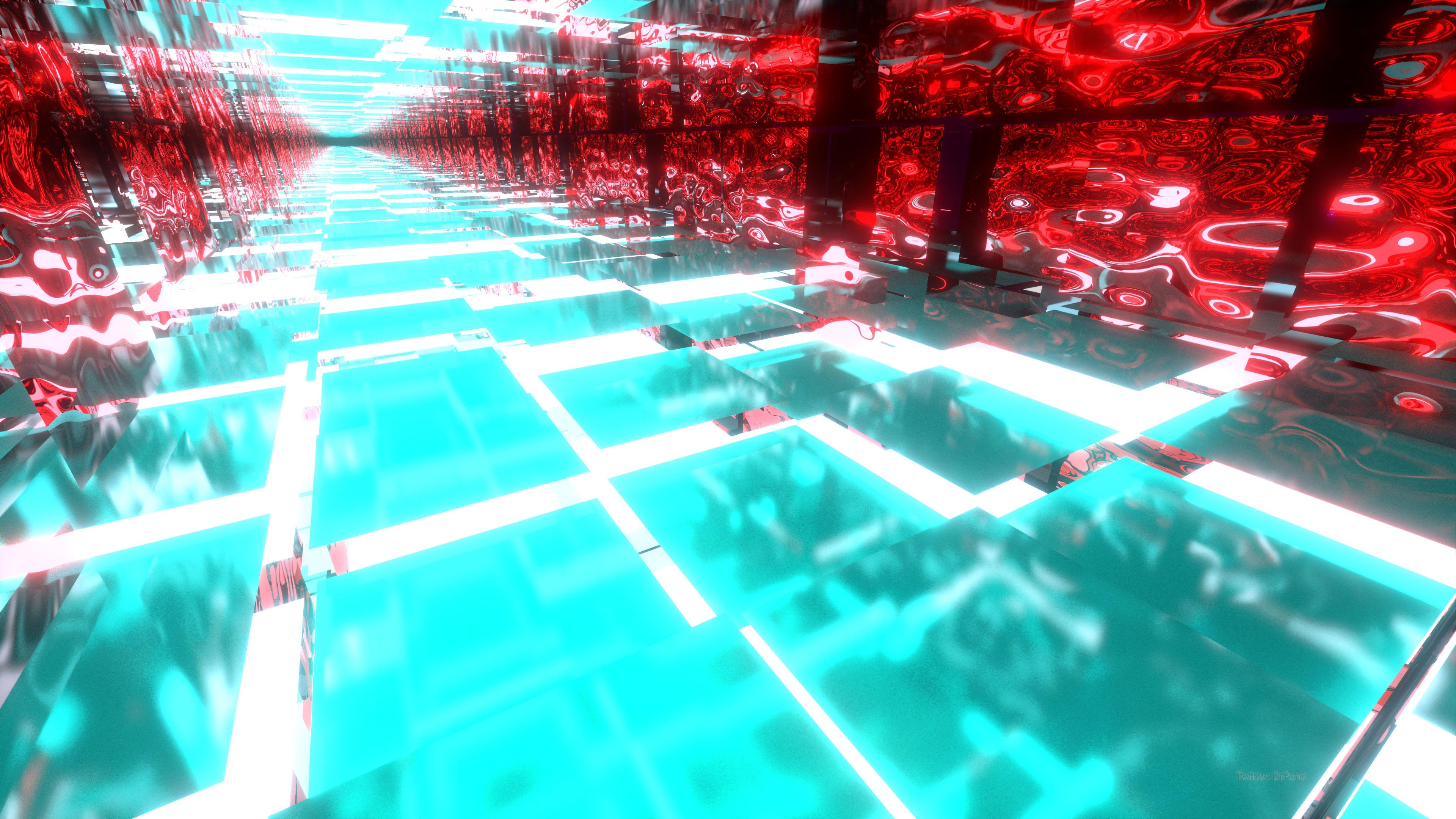 A 3D image of a mirrored room with blue floors and red walls. - Cyan
