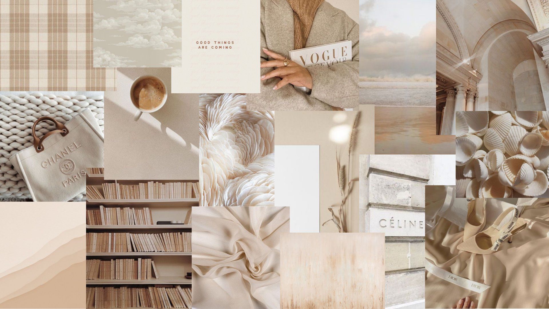 A collage of different pictures with white and beige colors - Brown, Dior, Vogue