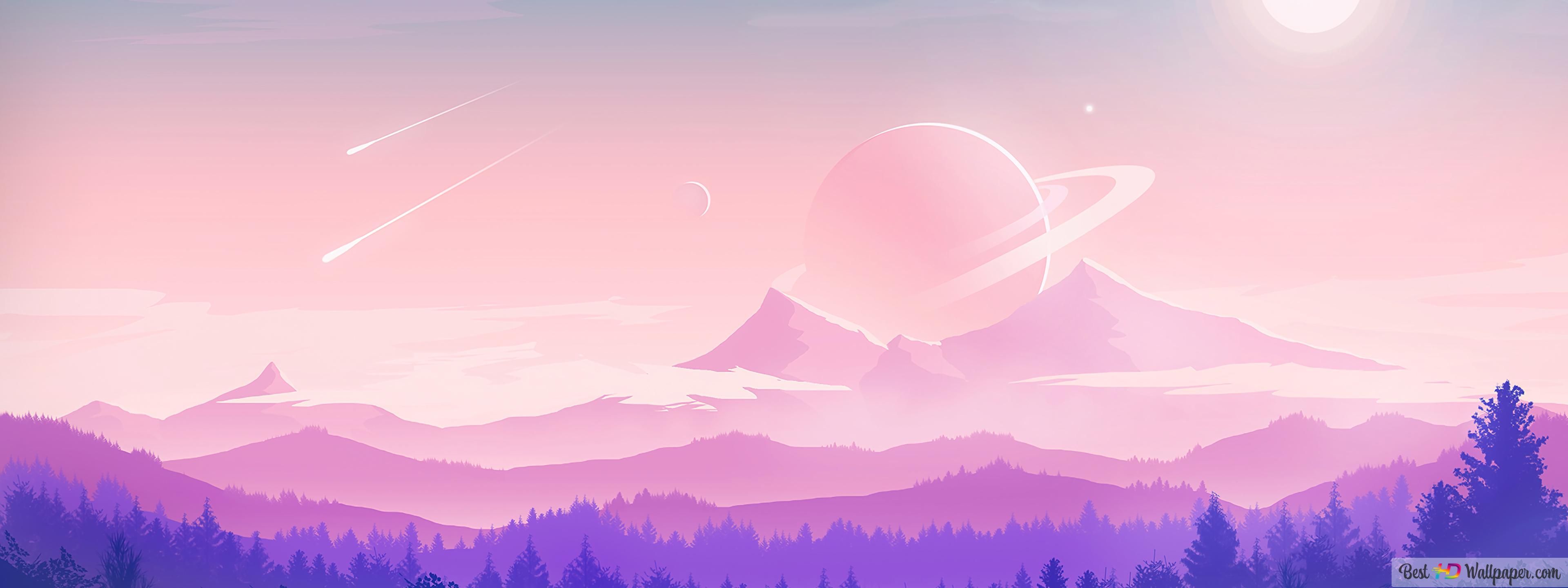 A planet and shooting stars above a mountain range - Landscape