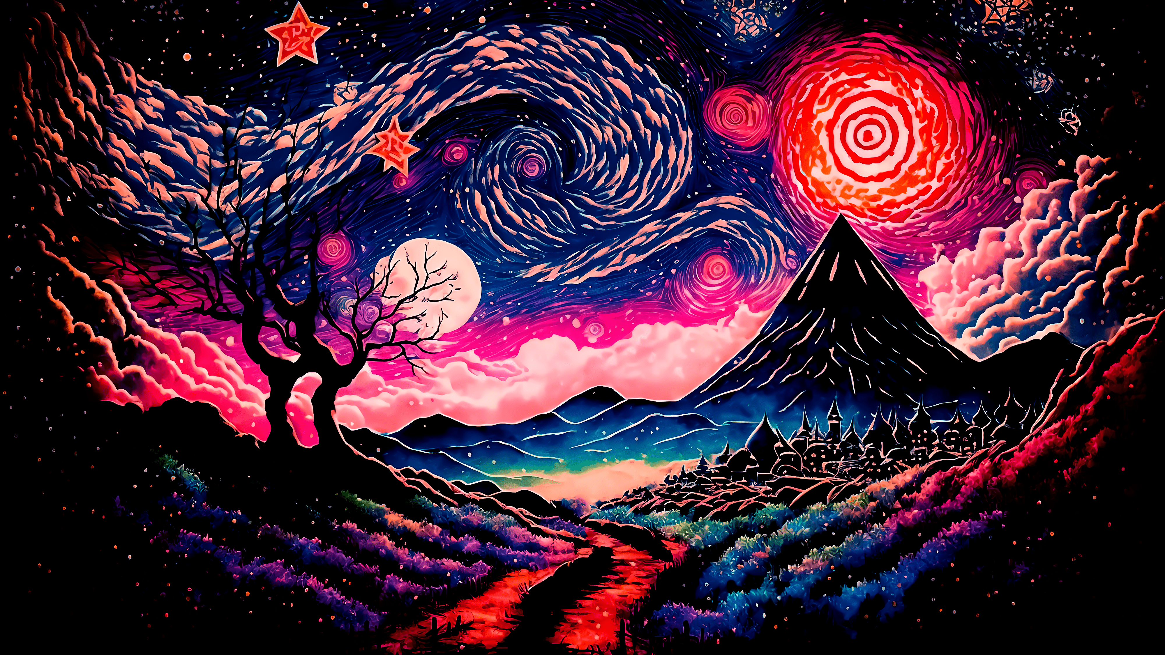 A psychedelic painting of a tree, mountain, and sky - Landscape