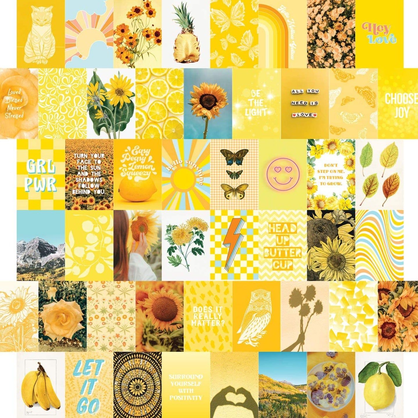 A collage of 50 pictures in yellow, orange, and white. - Light yellow