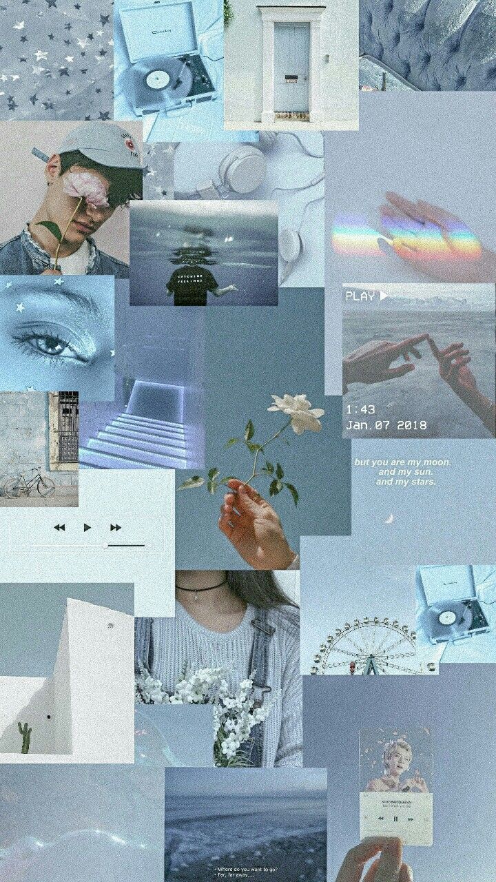 Aesthetic collage background with blue and white pictures - Teal