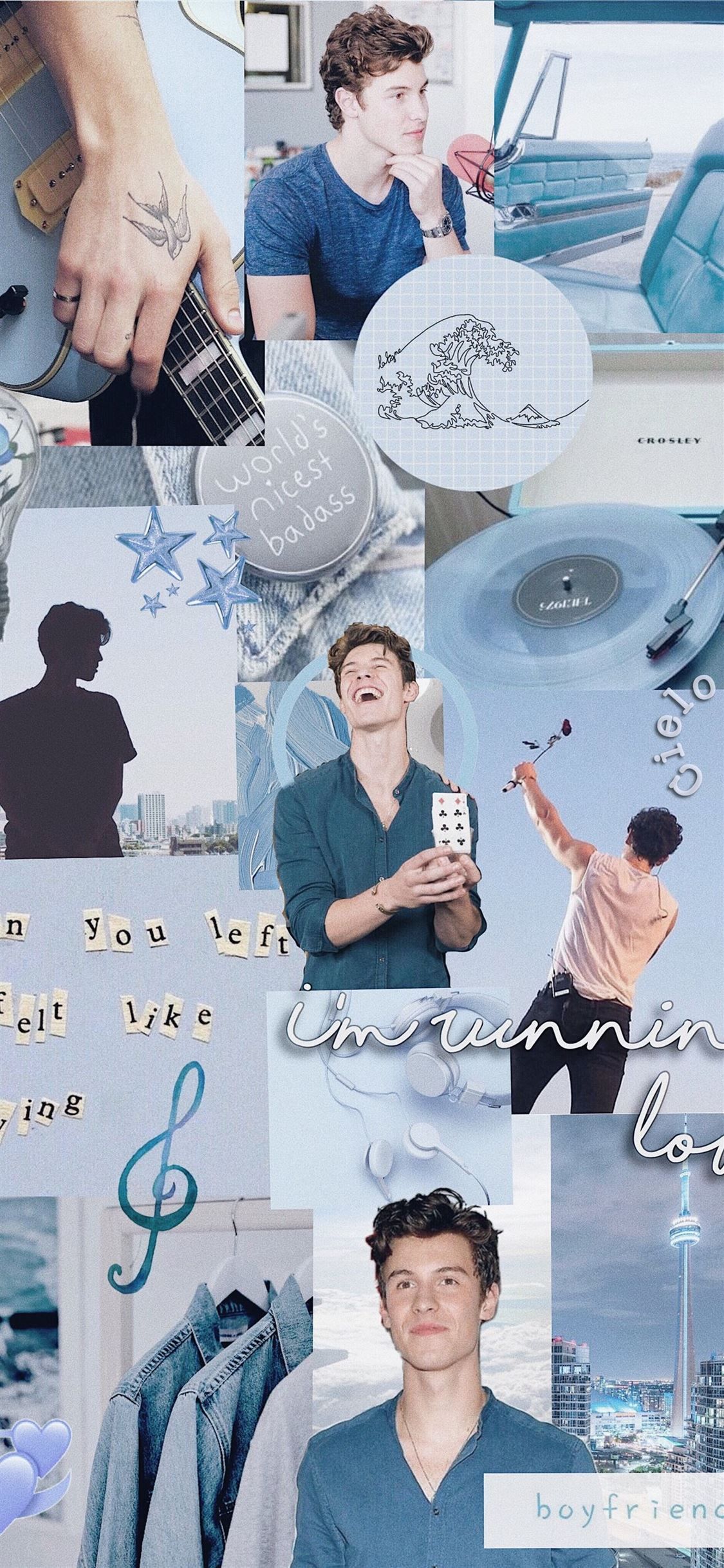 A collage of pictures with different people in them - Blue, teal, Shawn Mendes