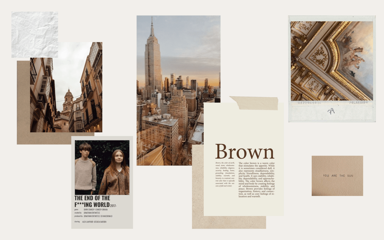 A mood board featuring a collage of brown tones, images of New York, and text that reads 