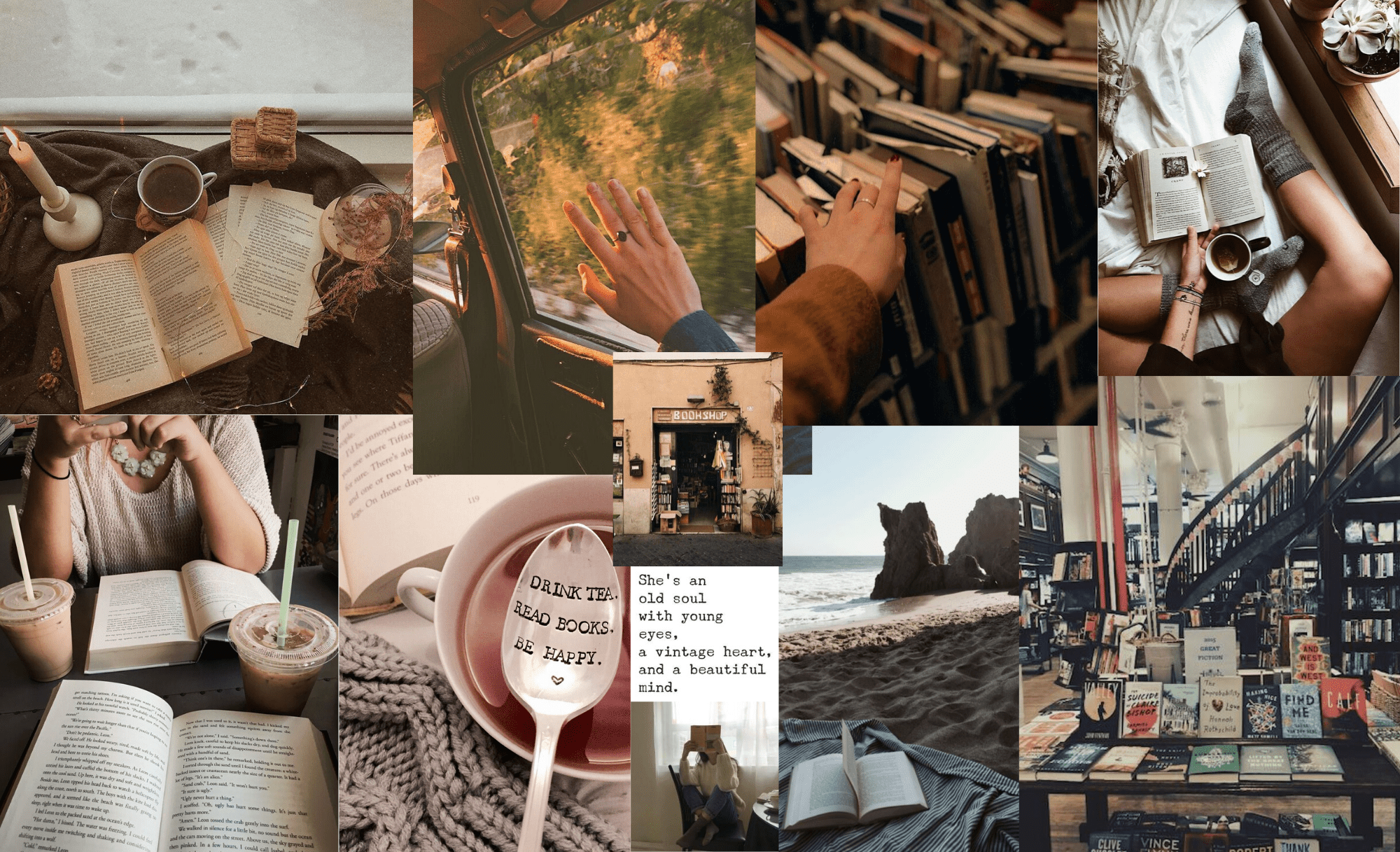 A collage of book related images including a bookshelf, books, and a beach scene. - Books