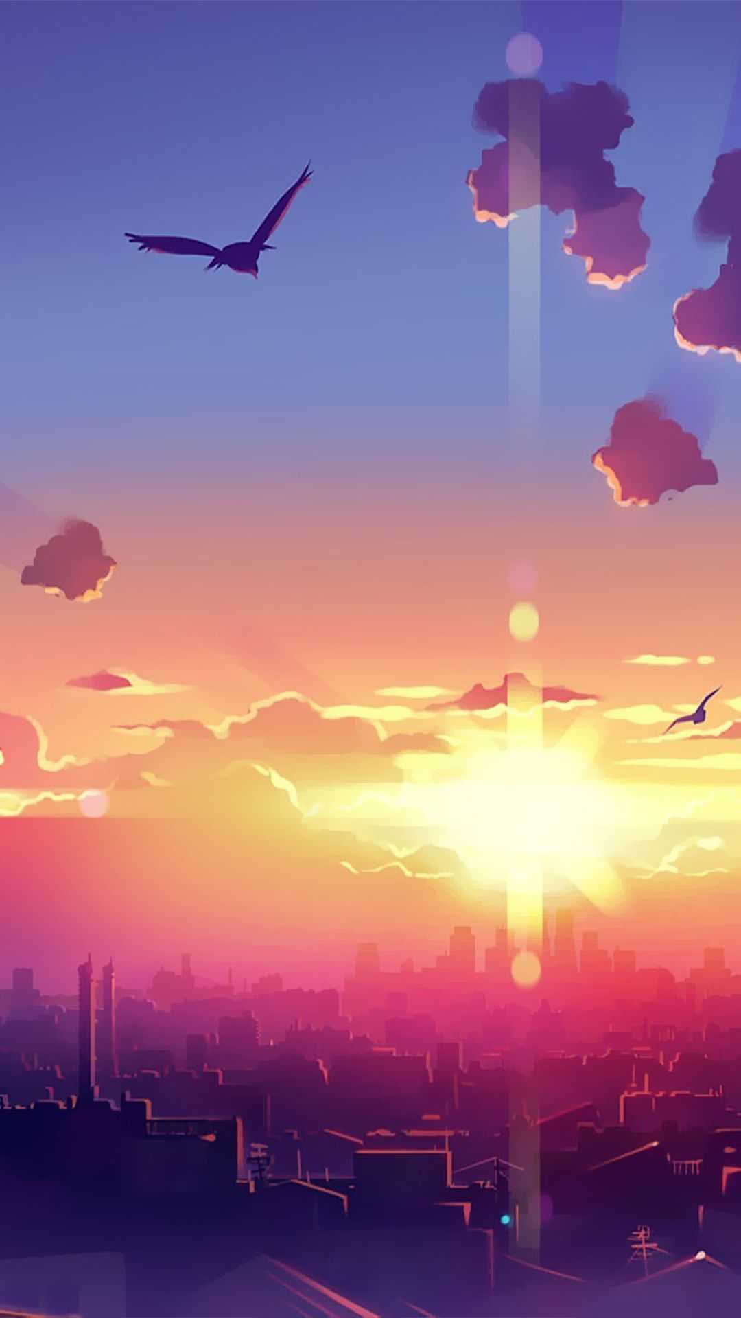 The sunset over a city with birds flying in it - Lo fi, anime city