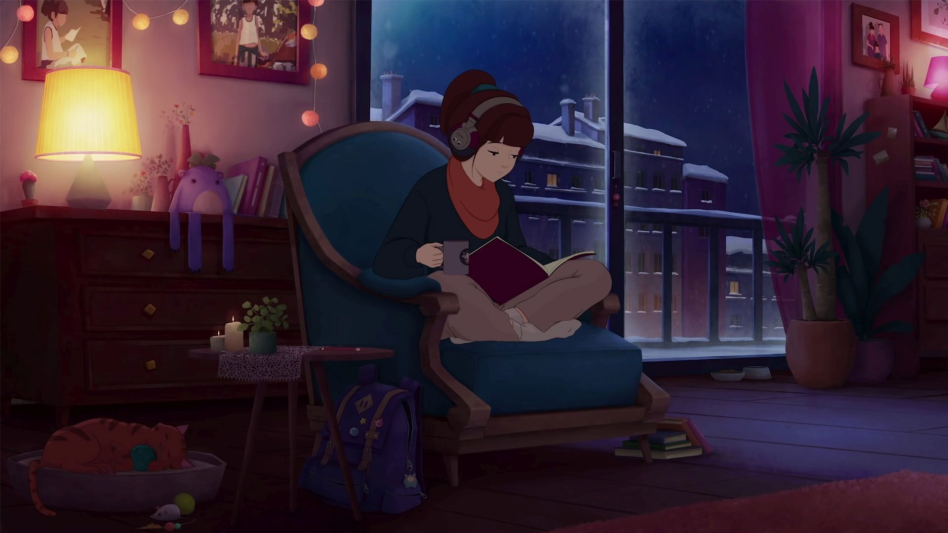 A girl sits in a chair, reading a book with headphones on. - Lo fi