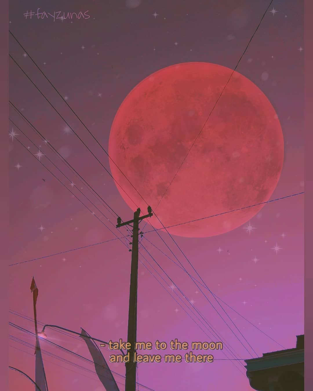 Aesthetic wallpaper of a red moon and power lines - Lo fi