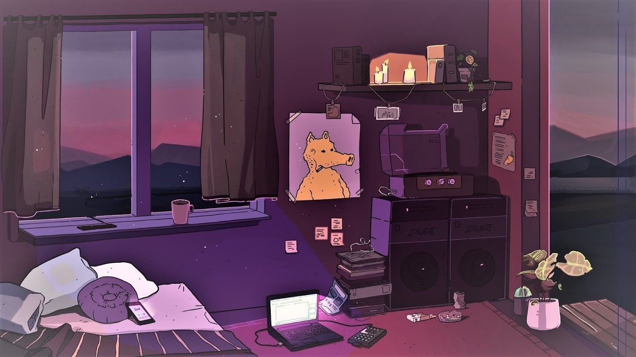 Illustration of a messy room with a dog poster on the wall, a laptop, and a window. - Lo fi