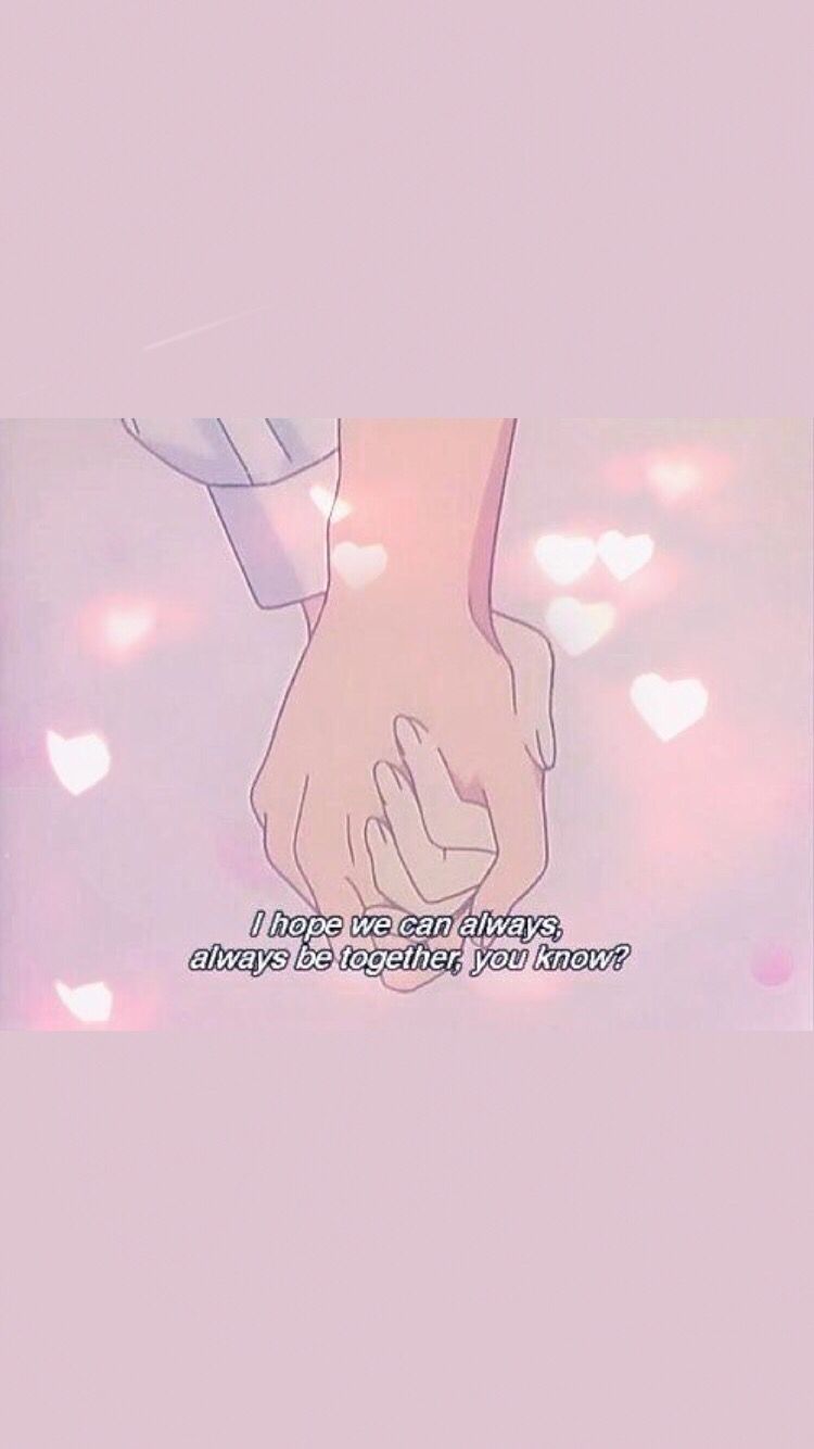 Aesthetic background of a pink background with hearts and a drawing of two hands holding - Pink anime