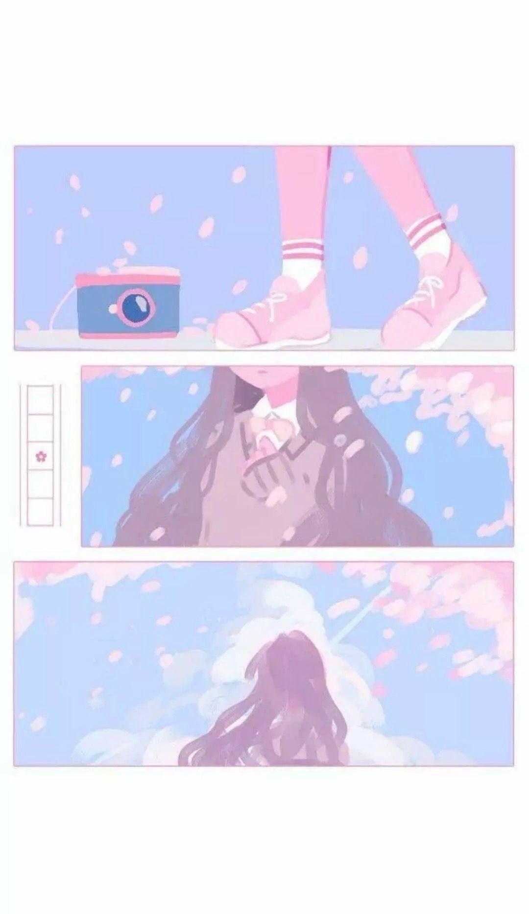 A girl with pink hair and blue shoes is walking through the sky - Pink anime, anime