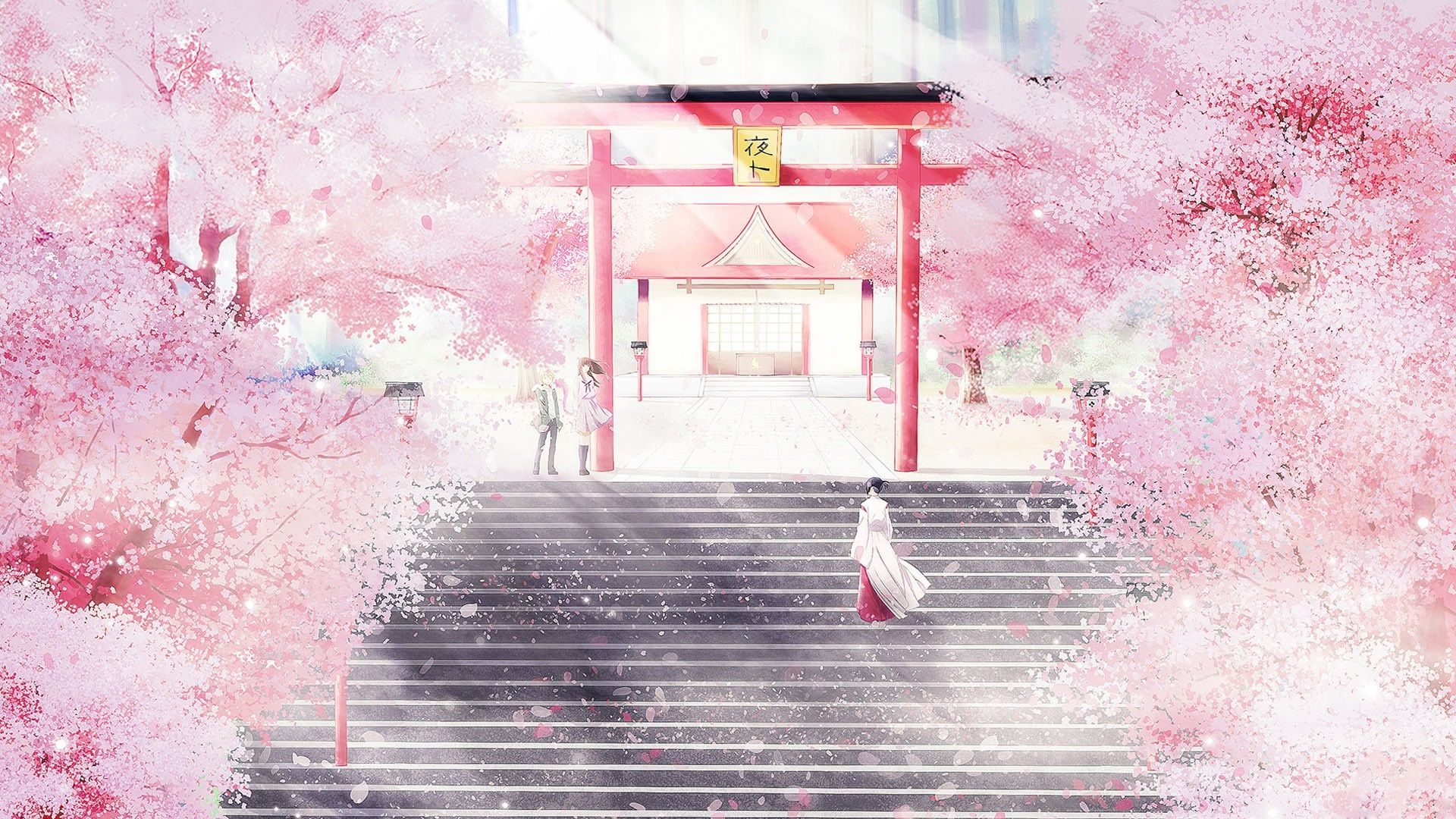 A painting of people walking up steps - Pink anime