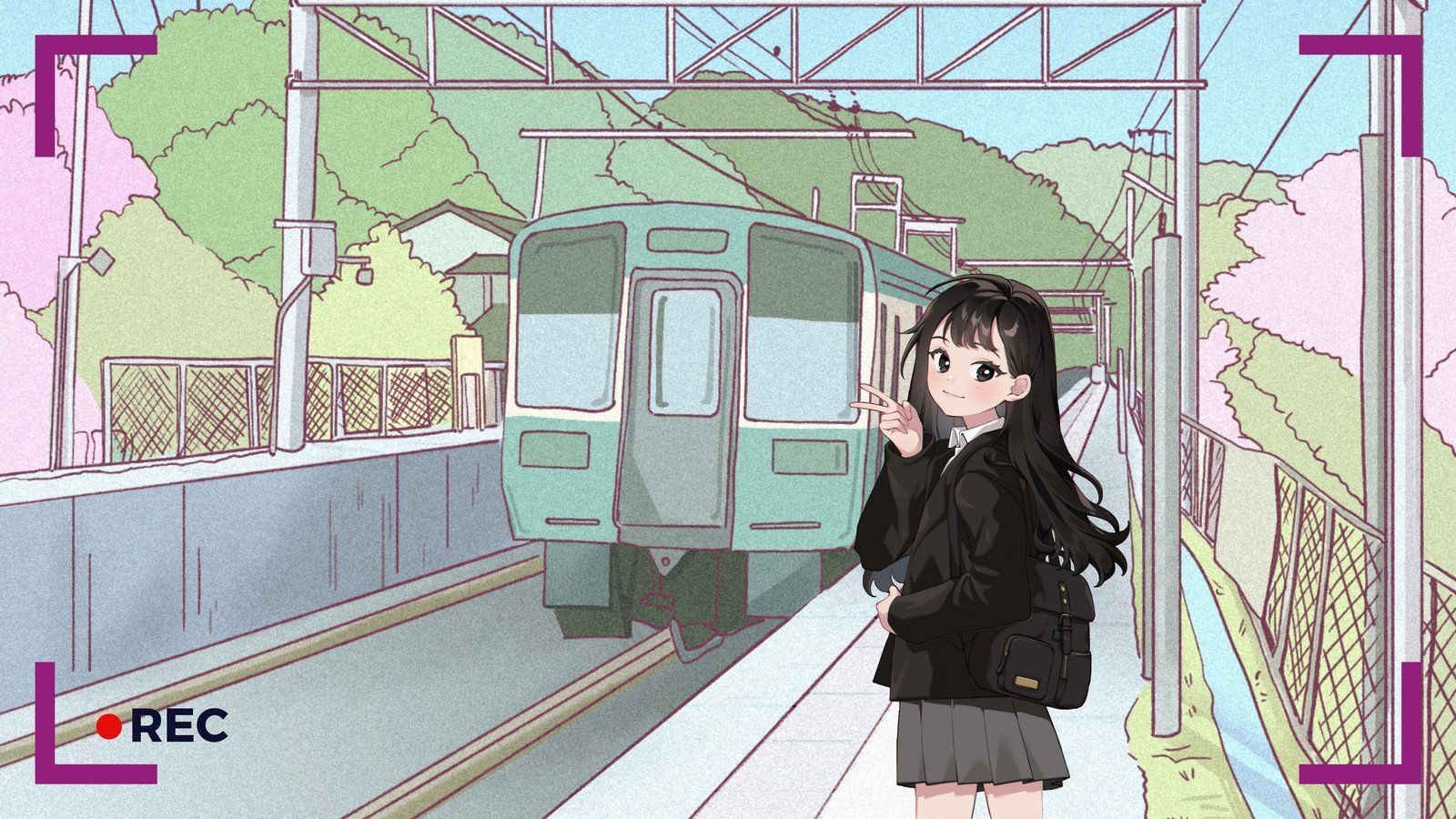 A girl in a school uniform stands on a train platform, pointing to a train. The image has a pastel aesthetic. - Pink anime, Japan