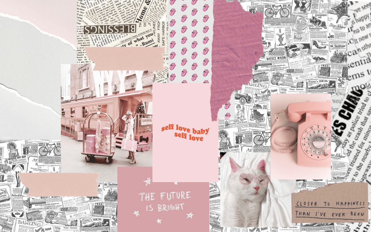 A collage of images in shades of pink, including a cat, a telephone, and the words 