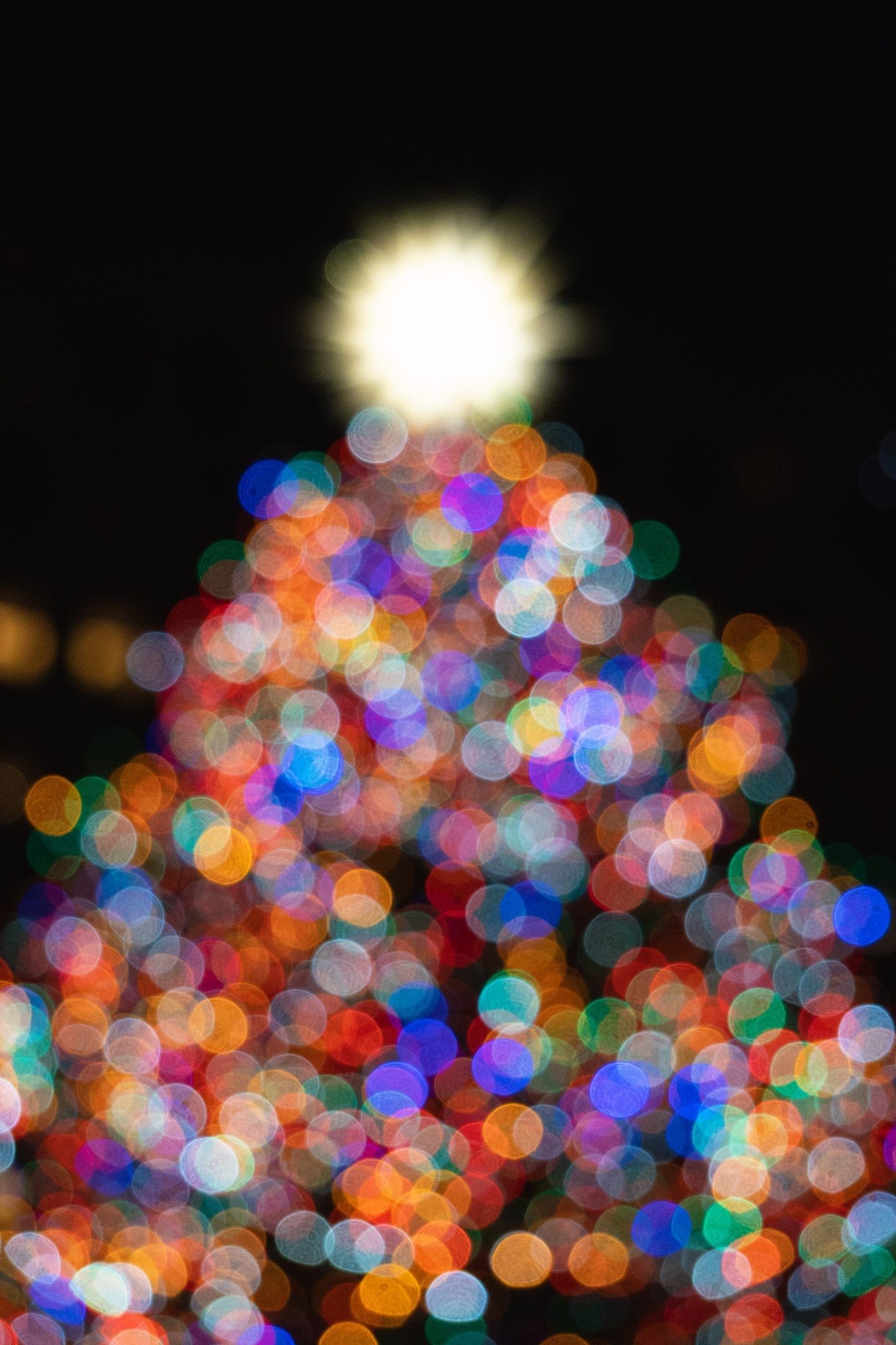 A blurry Christmas tree with a bright star at the top. - Christmas lights