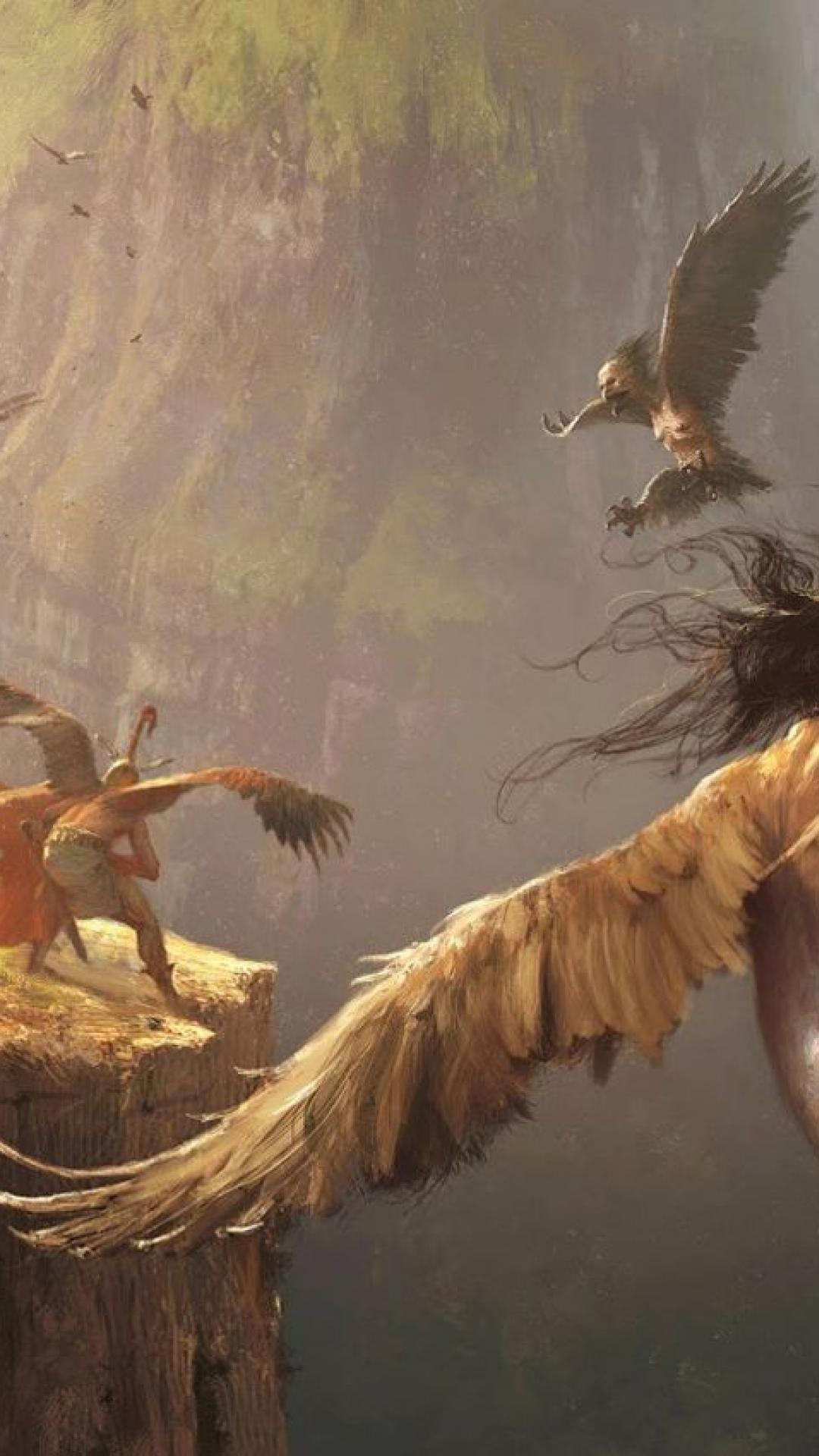 The image is a painting of an eagle flying over two people - Greek mythology