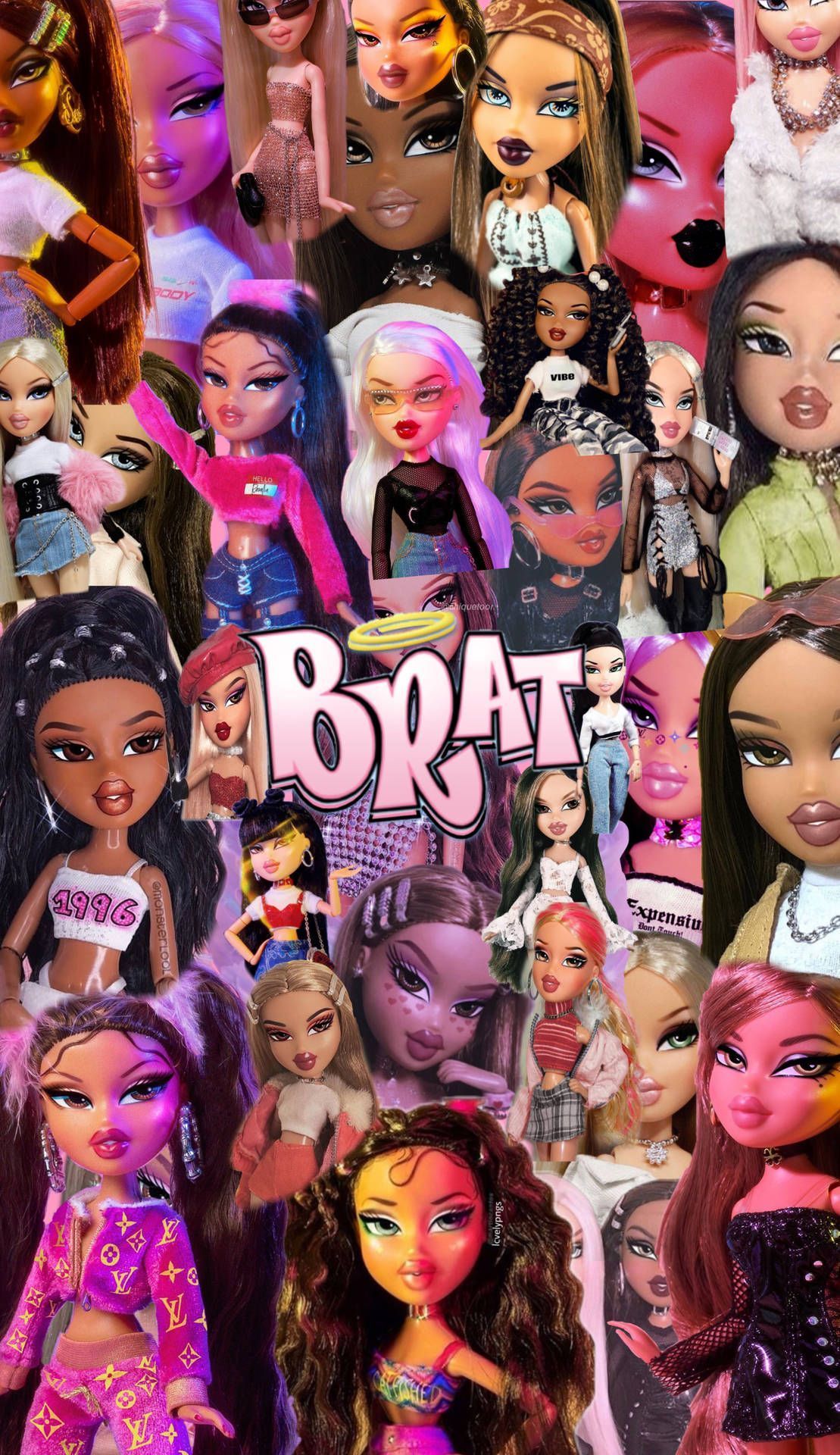 A collage of many different dolls with the word borat on them - Bratz