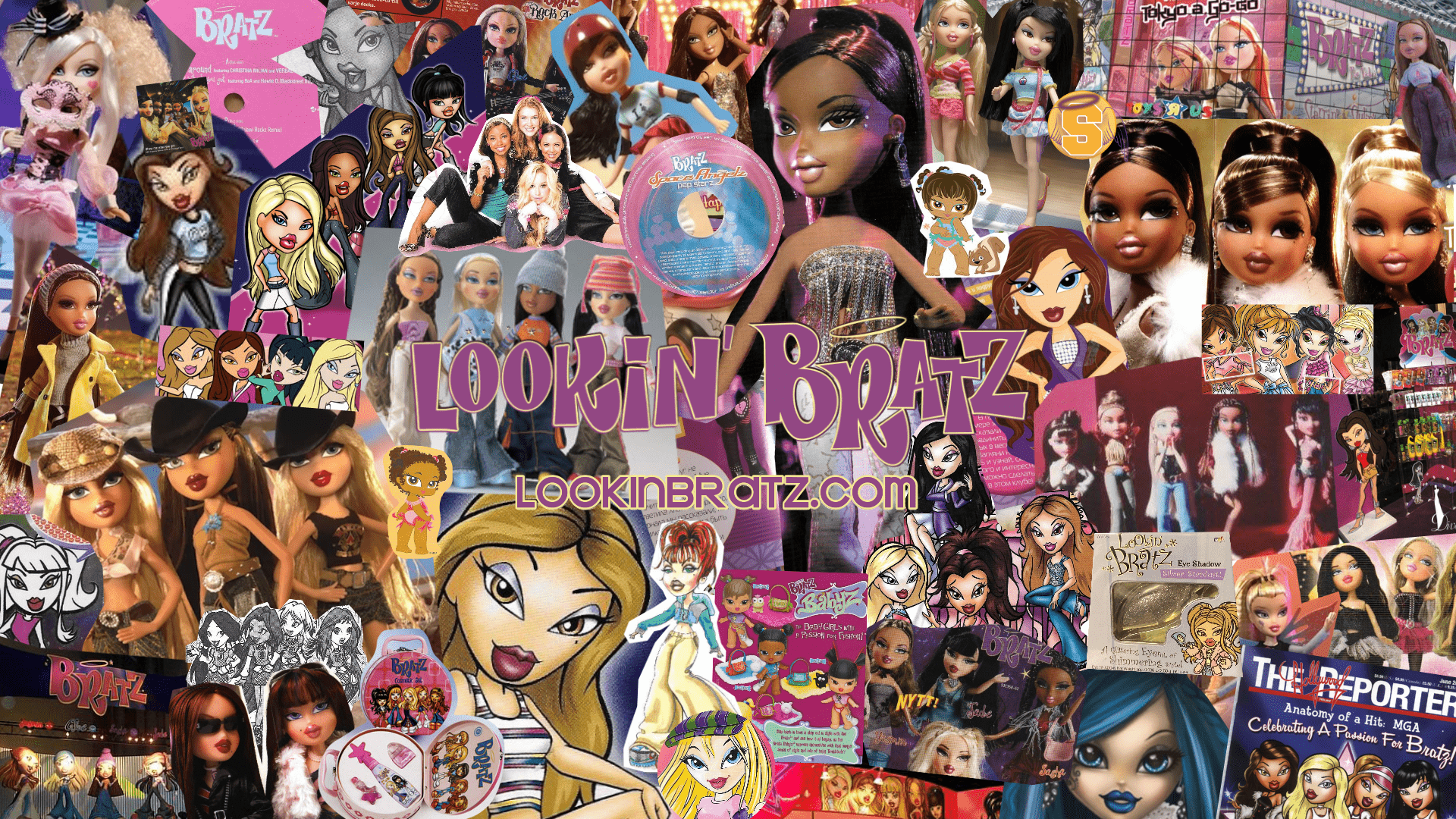 A collage of Bratz dolls, magazine covers and other memorabilia. - Bratz