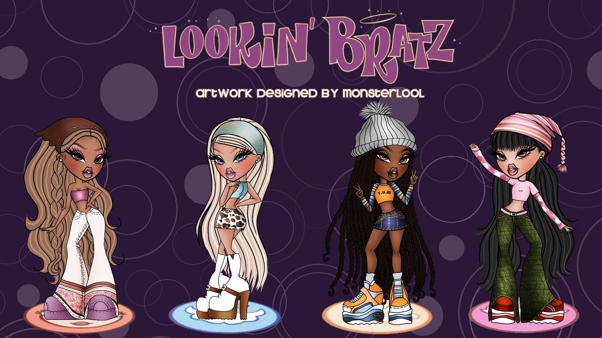 Four different versions of the original Bratz dolls, designed by Monsterlool, are shown in this image. - Bratz