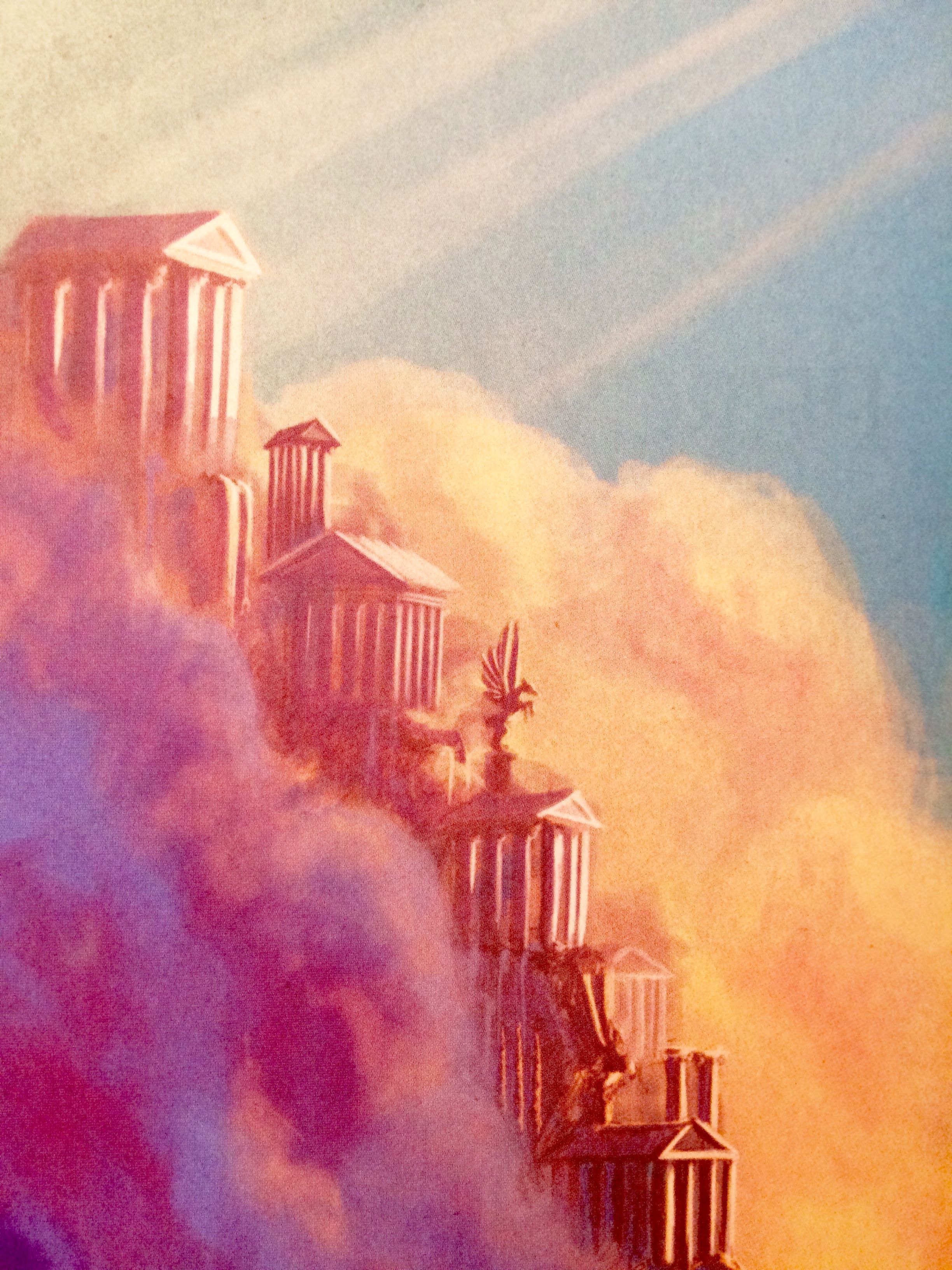 A painting of a city on a hill with clouds surrounding it. - Greek mythology