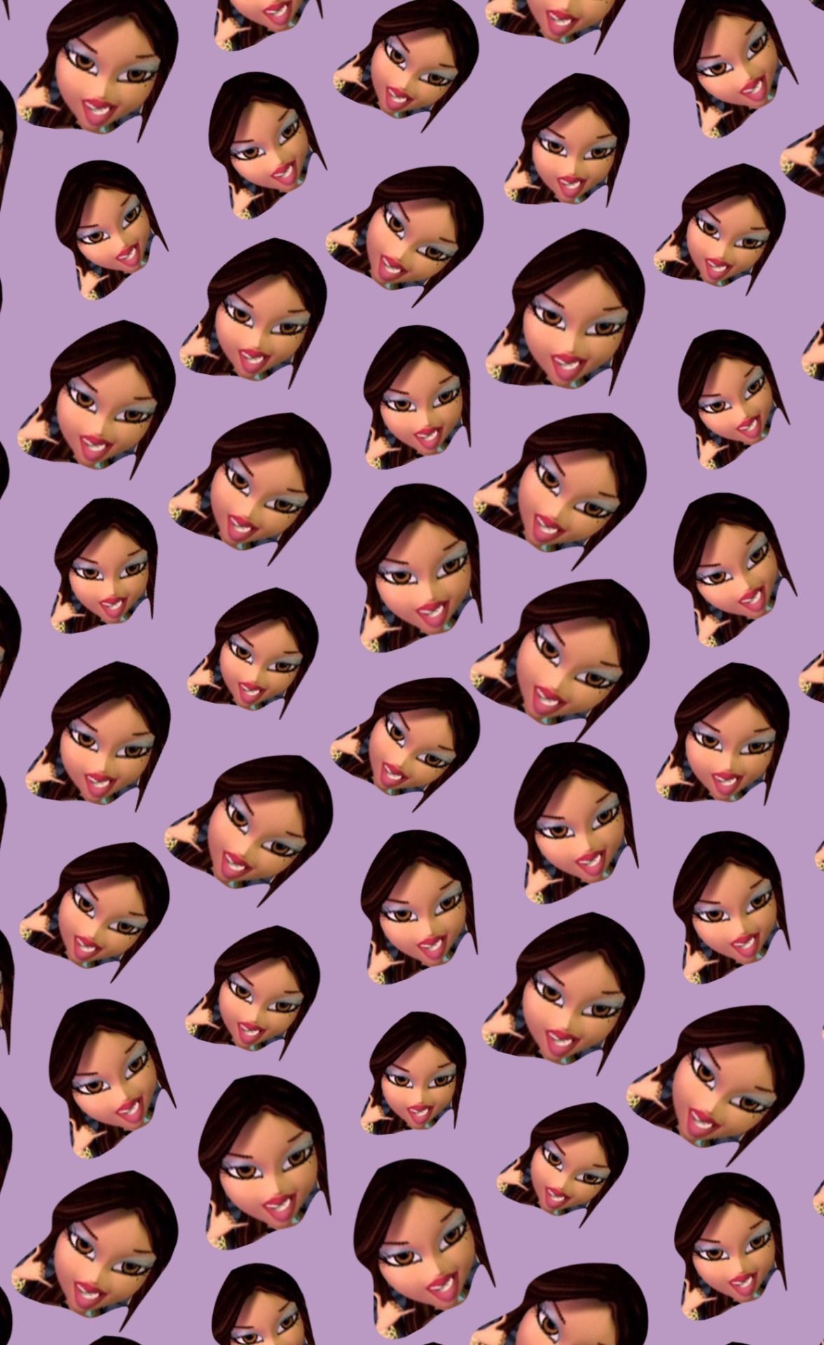 A pattern of many faces on purple background - Bratz