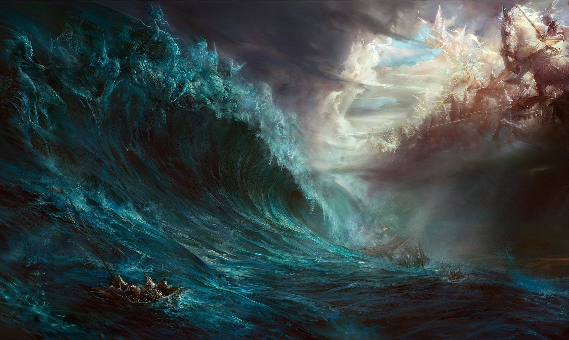 A painting of people on boats in the ocean - Greek mythology